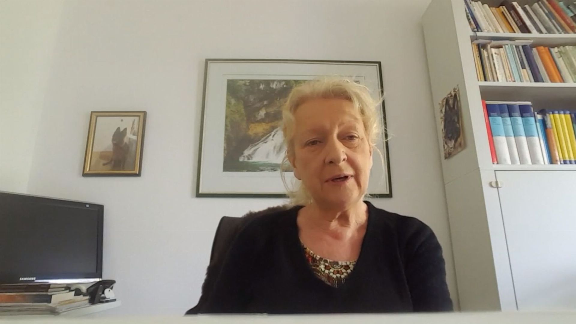 3. Eine Botschaft für Dich. An elderly woman with short, light-colored hair speaking during a video call, seated in an office with a bookshelf and a framed landscape painting above her computer monitor. Opens a video in a new window.