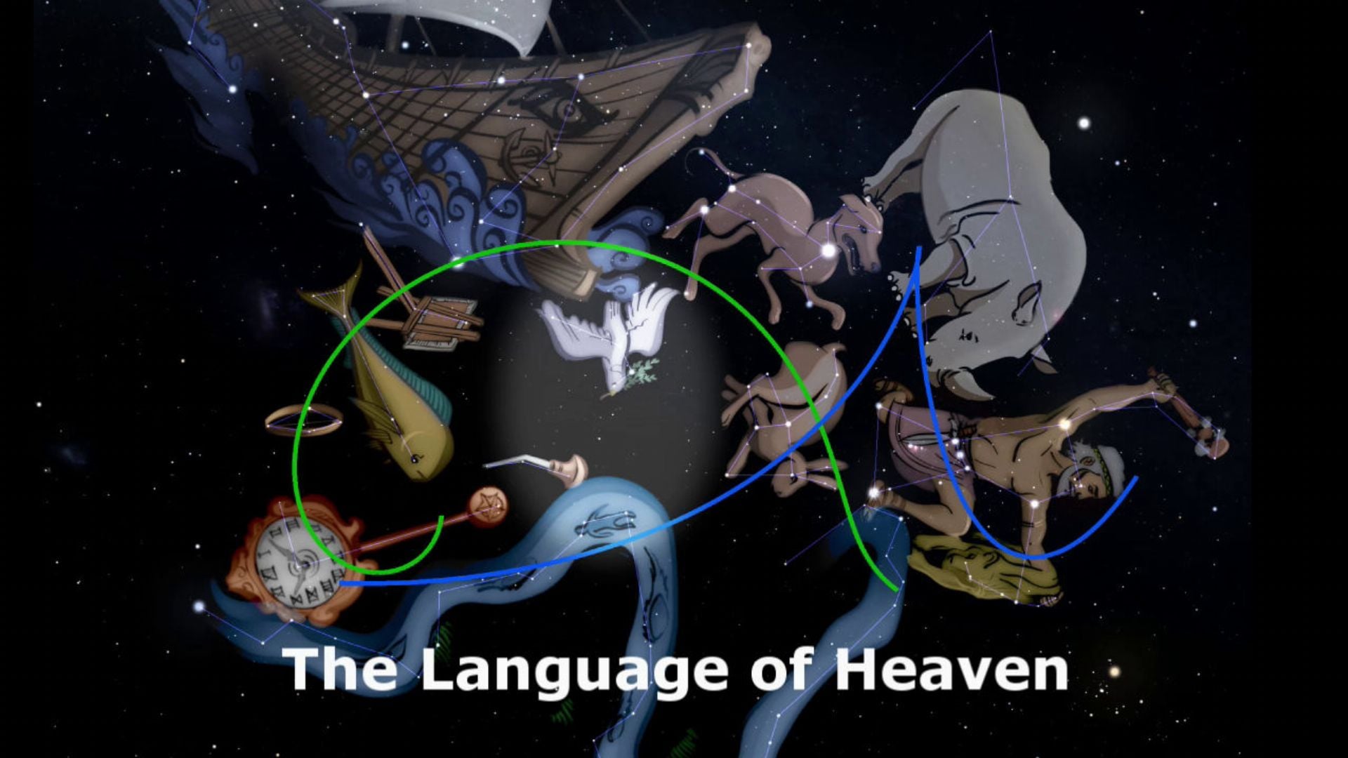 9. The Language of Heaven. An artistic depiction of various celestial figures set against a starry space background, with a circular green outline connecting them, entitled "The Language of Heaven." Opens a video in a new window.