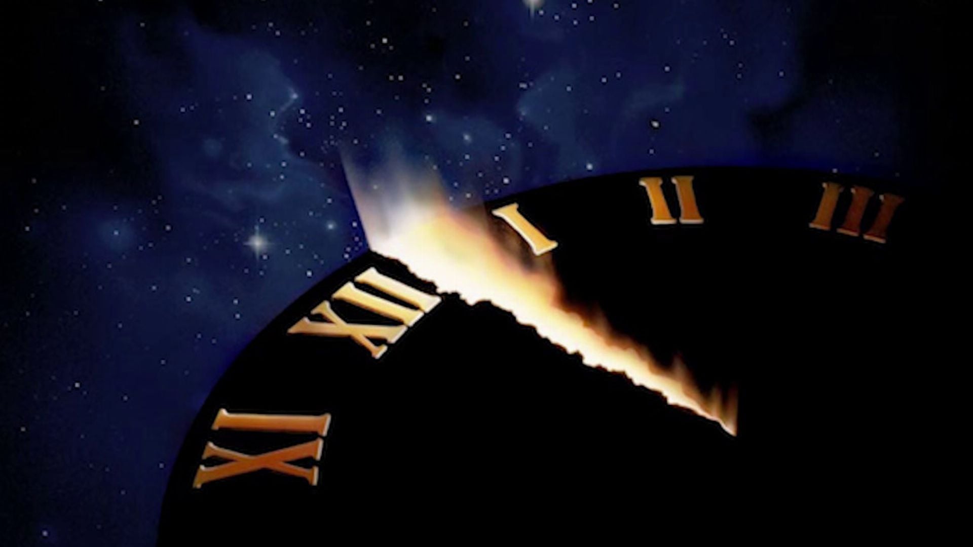 6. Midnight in Heaven. A celestial clock with Roman numerals partially illuminated by a radiant light, set against a backdrop of a deep celestial field with visible stars. Opens a video in a new window.