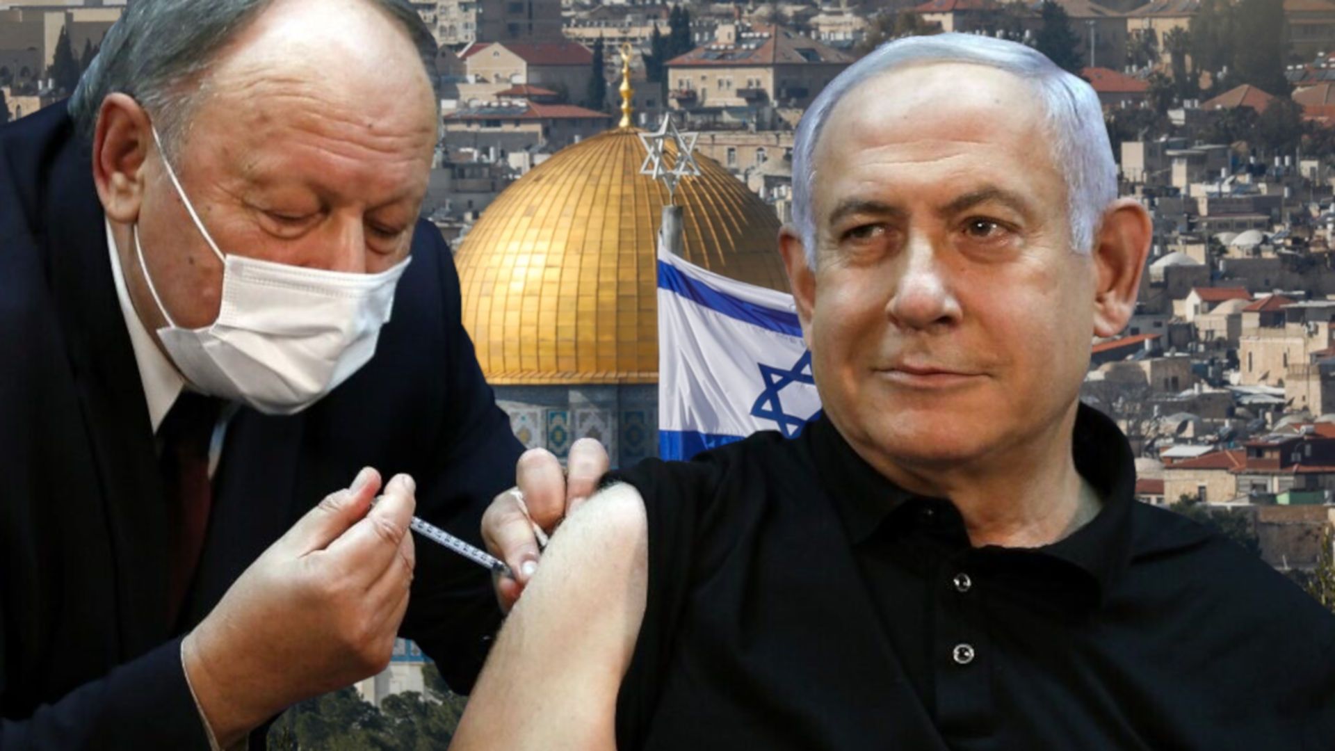 9. Das Gericht beginnt in Israel. An older man in a black shirt receiving a vaccine from a medical professional in a white mask, with the Dome of the Rock and an Israeli flag in the background, symbolizing health initiatives in a historic setting. Opens a video in a new window.