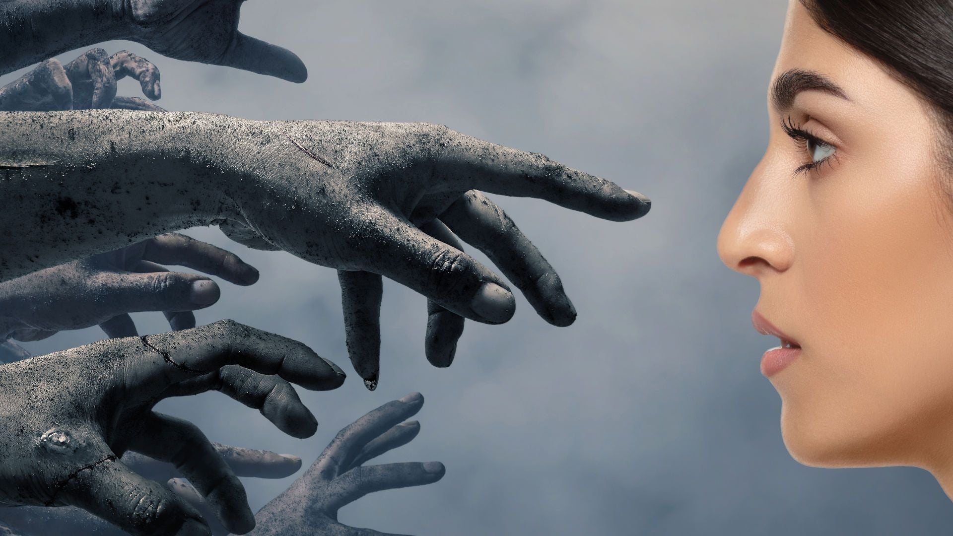 13. Das Todesdekret. A side profile of a woman's face against a muted blue background with several stone-like hands reaching toward her from the left, evoking a celestial sense of cosmic interaction akin to Mazzaroth. Opens a video in a new window.