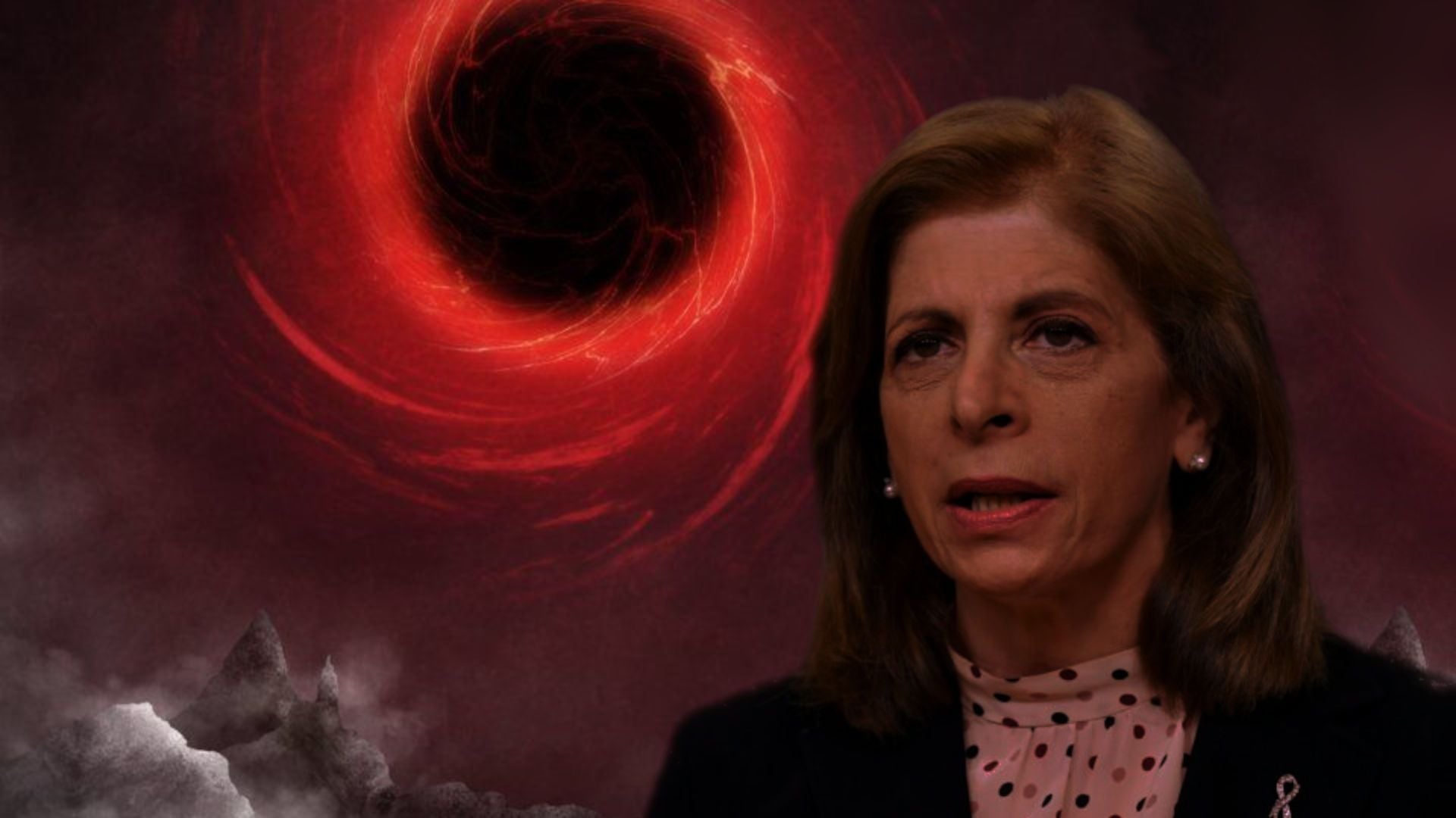 12. Das Reich des Tieres wurde verdunkelt. A composed portrait of a woman with focused expression in business attire overlaid on a dramatic cosmic background featuring a swirling red nebula and mist-shrouded mountainous terrain. Opens a video in a new window.
