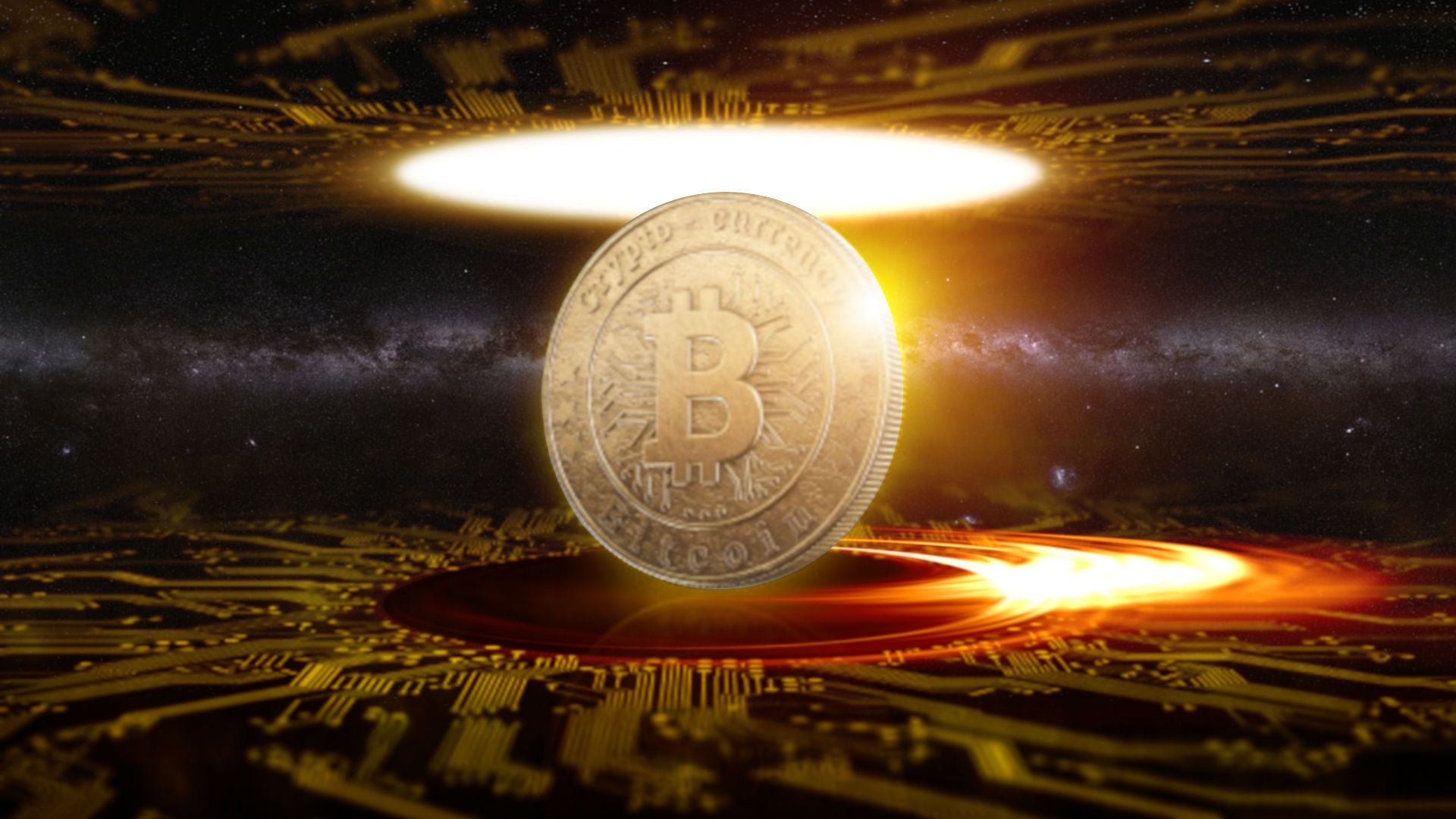 3. Salid, Parte II – Calles de Oro. A luminous depiction of a Bitcoin, backlit by a radiant light source resembling a stellar event, floating above a dynamic surface that hints at digital technology. Star clusters and cosmic matter subtly fill the dark background, evoking the vastness of the universe. Opens a video in a new window.
