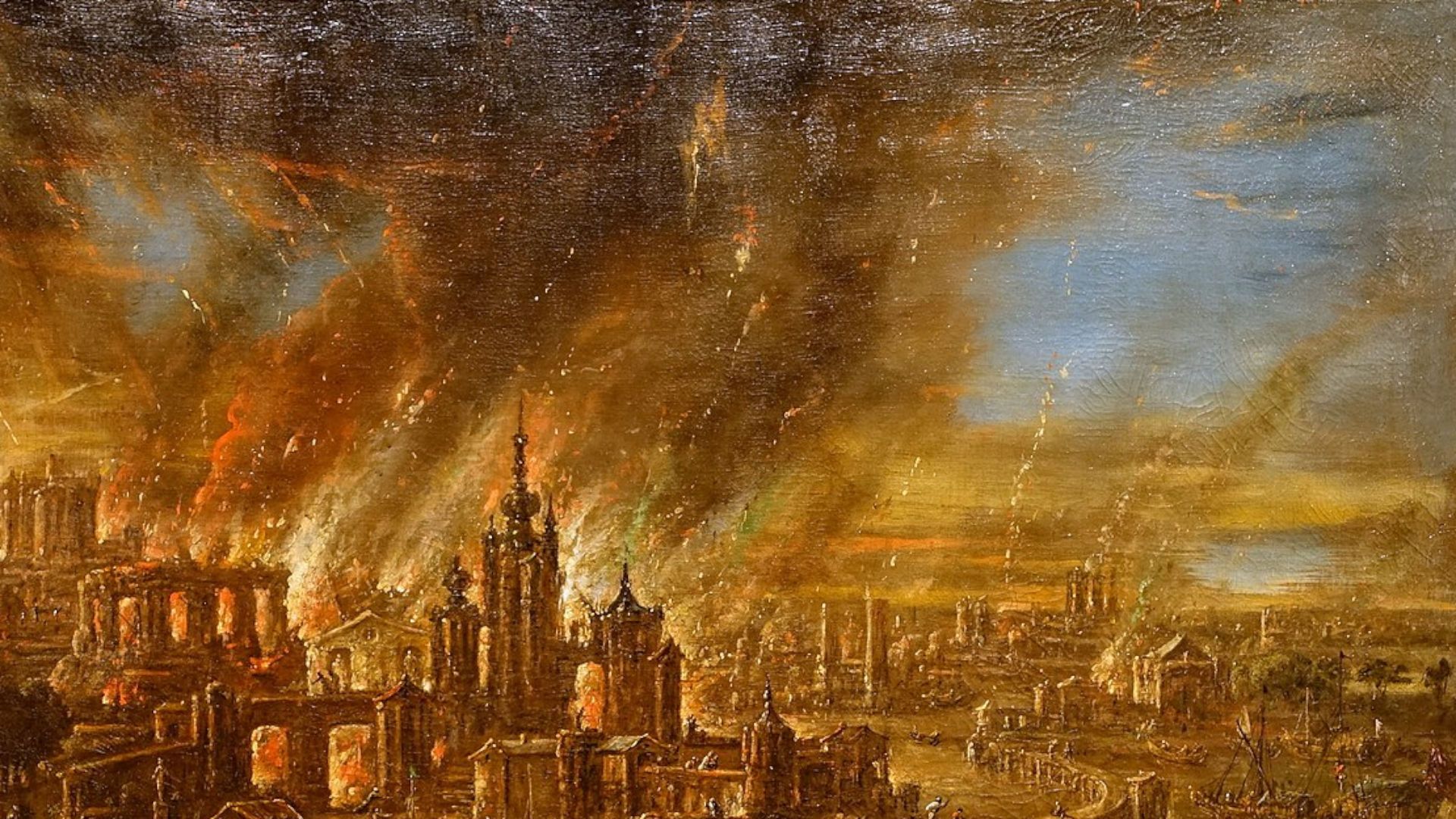 9. Fuego, humo, y azufre. An oil painting depicts a cityscape at dusk, illuminated by a vivid display of celestial events, including a comet streaking across a dramatically cloudy sky. The city features detailed architecture with numerous spires and domes, bathed in an ambient, eerie glow. Opens a video in a new window.