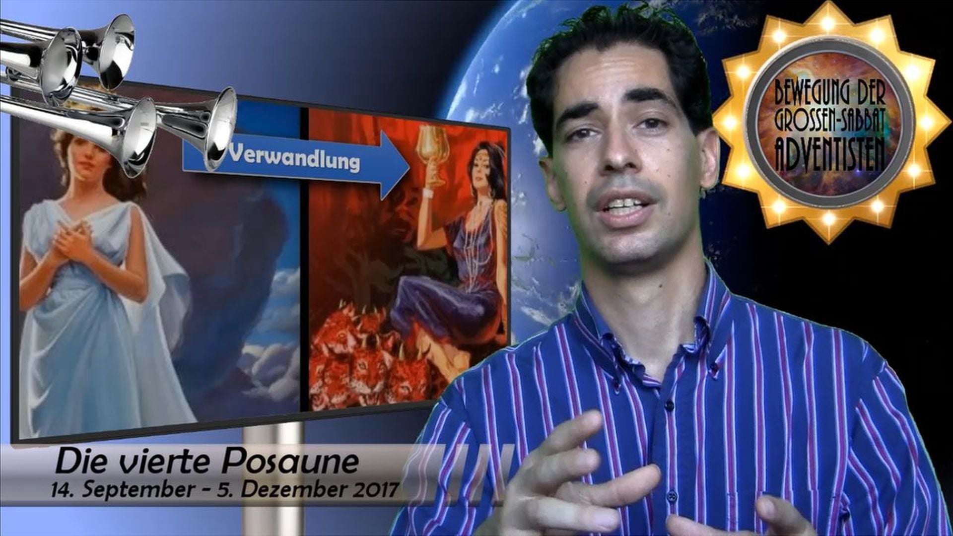 12. 4. Posaune: Die Verwandlung der Frau. A man with dark hair wearing a striped blue shirt presents in front of a digital background displaying a graphic slide titled in German 'Die vierte Posaune' dated from September 14 to December 5, 2017. The slide features celestial artwork with transformative themes and classical representations of figures in transitional poses. Opens a video in a new window.
