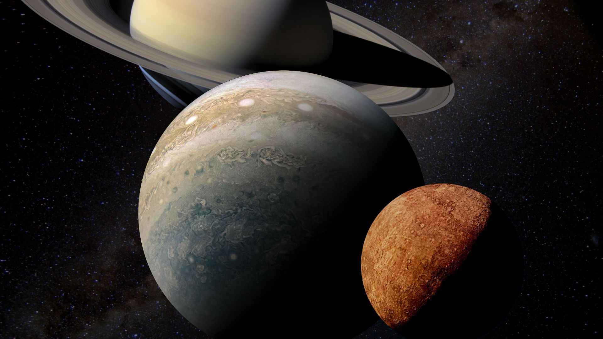 8. Los reyes del oriente. A detailed artistic depiction shows three celestial bodies aligned in space. A large, ringed gas giant is in the background, a rocky planet with noticeable storm systems is in the middle, and a small, potato-shaped moon or asteroid is in the foreground against a backdrop of distant stars. Opens a video in a new window.