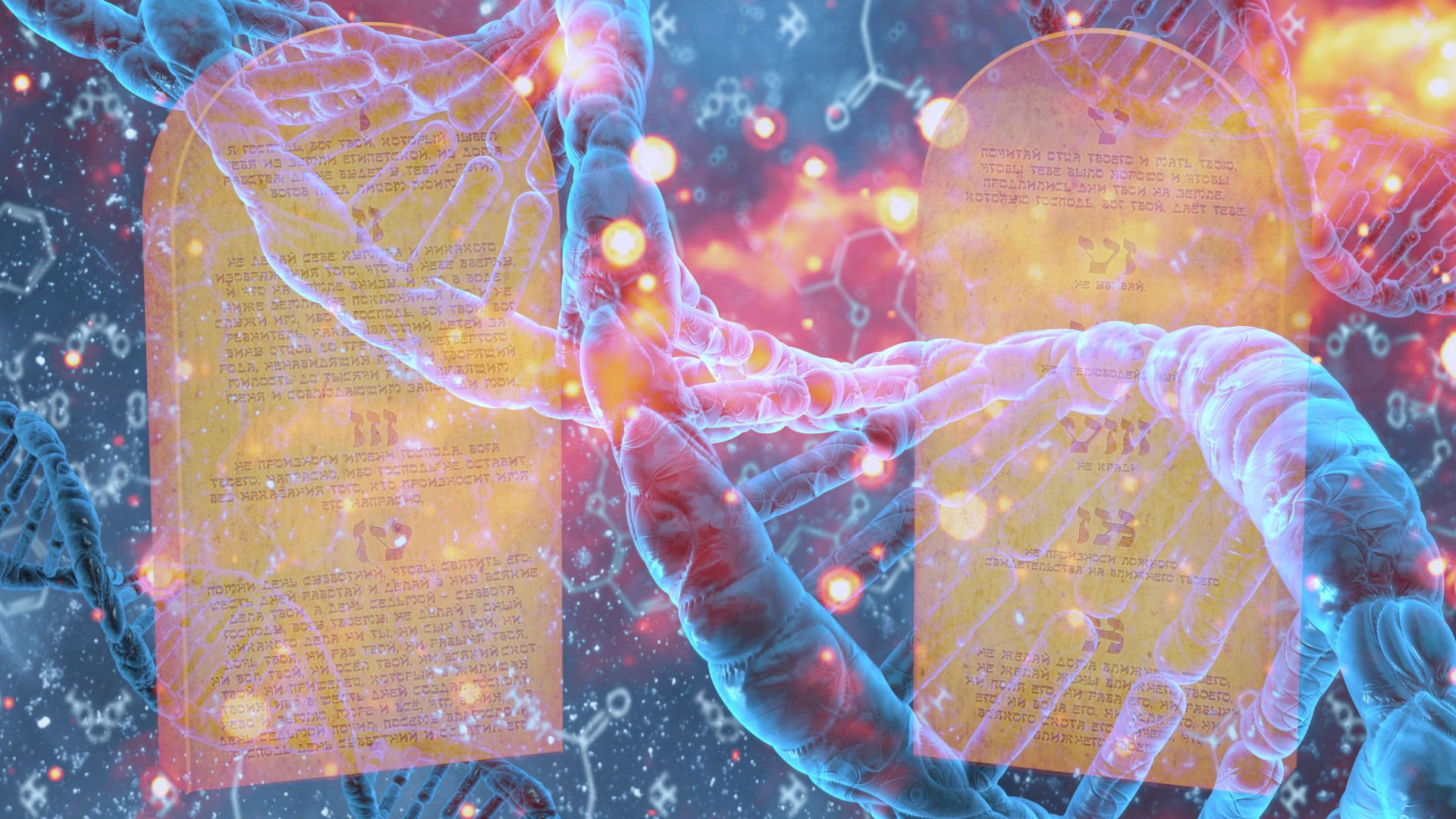 7. Der Bund Gottes und das Malzeichen des Tieres. A digital collage portraying intertwined DNA strands with floating ancient manuscripts in the background. Radiant particles and subtle cosmic motifs enhance the molecular and celestial theme. Opens a video in a new window.