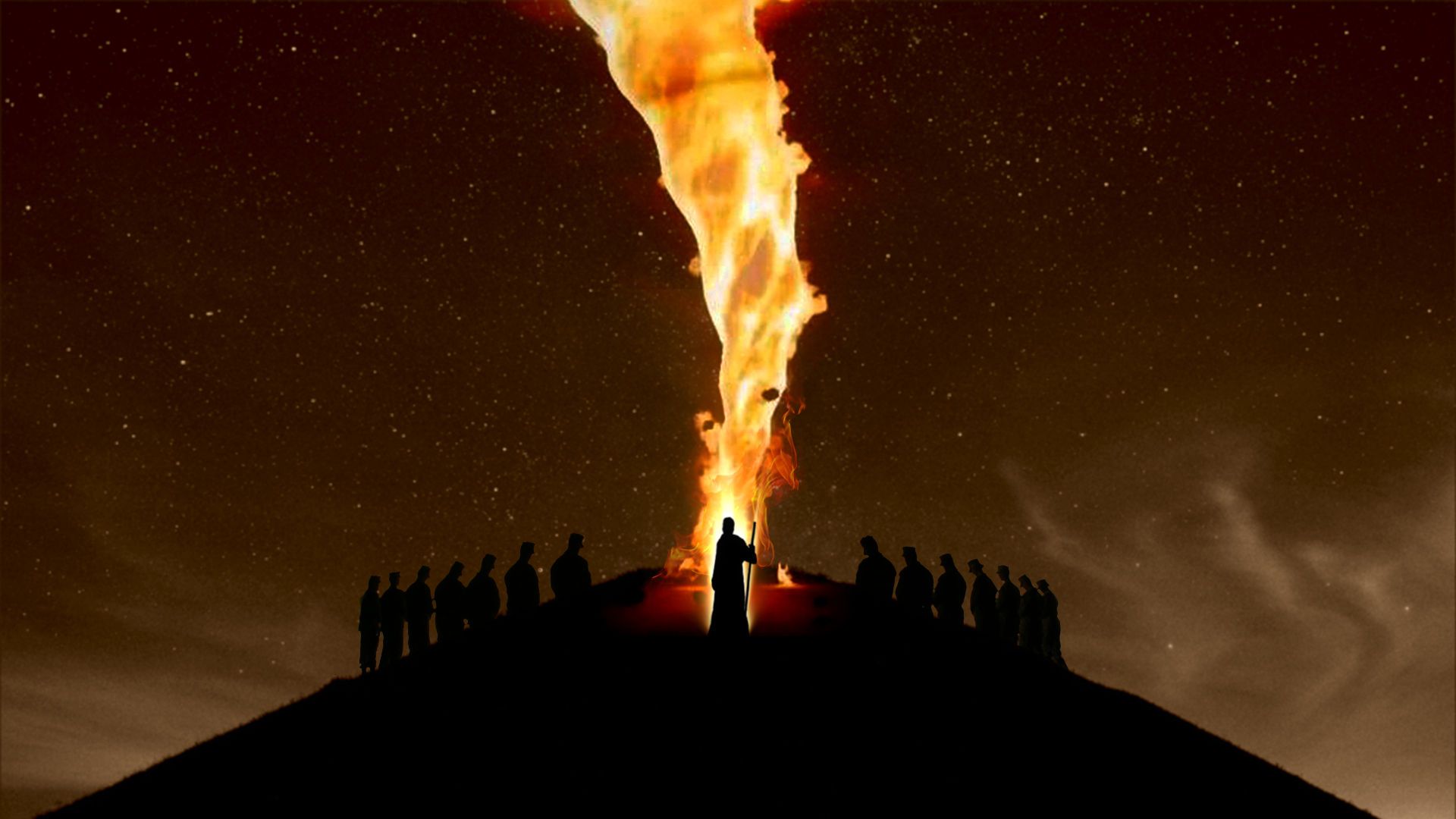 2. Der Berg der Entscheidung. A group of silhouetted figures stands atop a hill under a starry night sky, observing a towering pillar of fire erupting from the summit. The scene evokes a profound sense of wonder akin to celestial events described in historical texts. Opens a video in a new window.