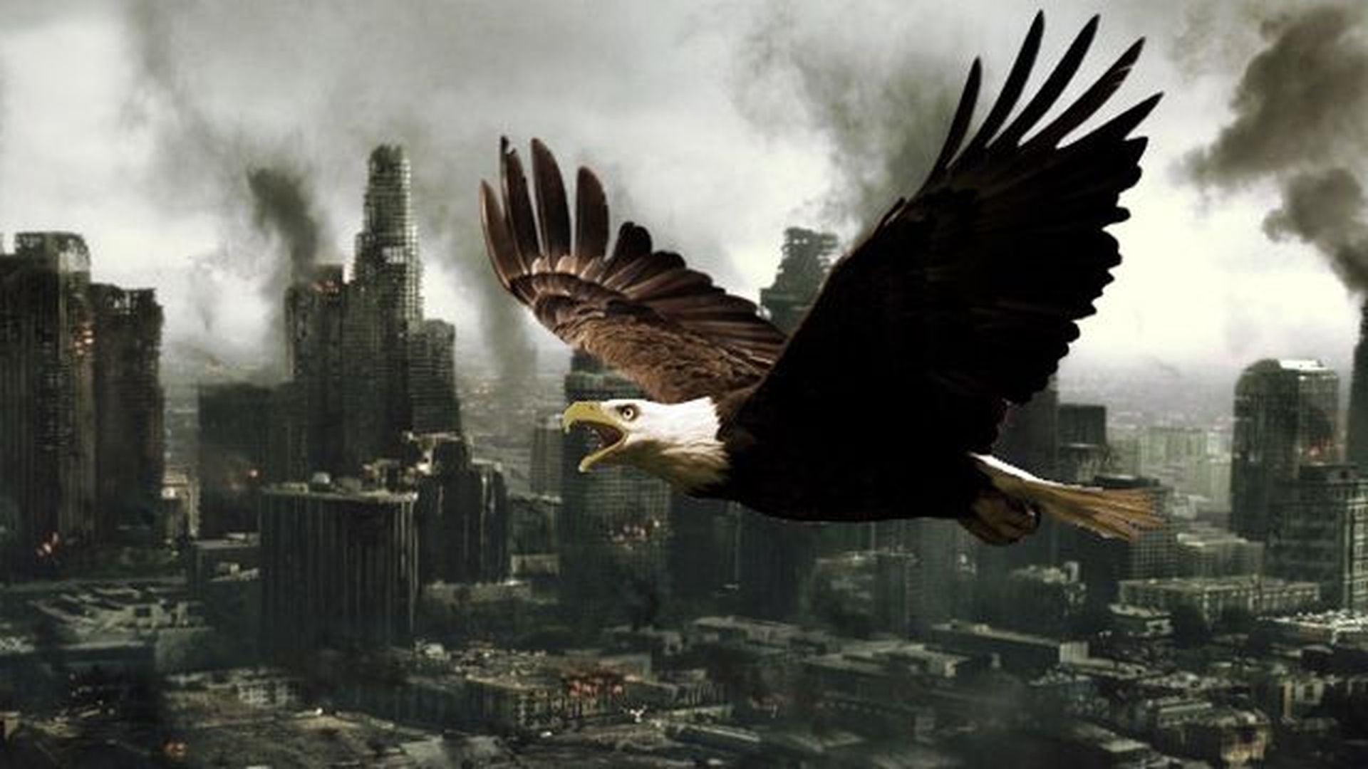 15. ¡Los tres ayes de Apocalipsis han sido anunciados!. A bald eagle flies dynamically above a gloomy cityscape with tall skyscrapers partially enshrouded in smoke and clouds. Opens a video in a new window.