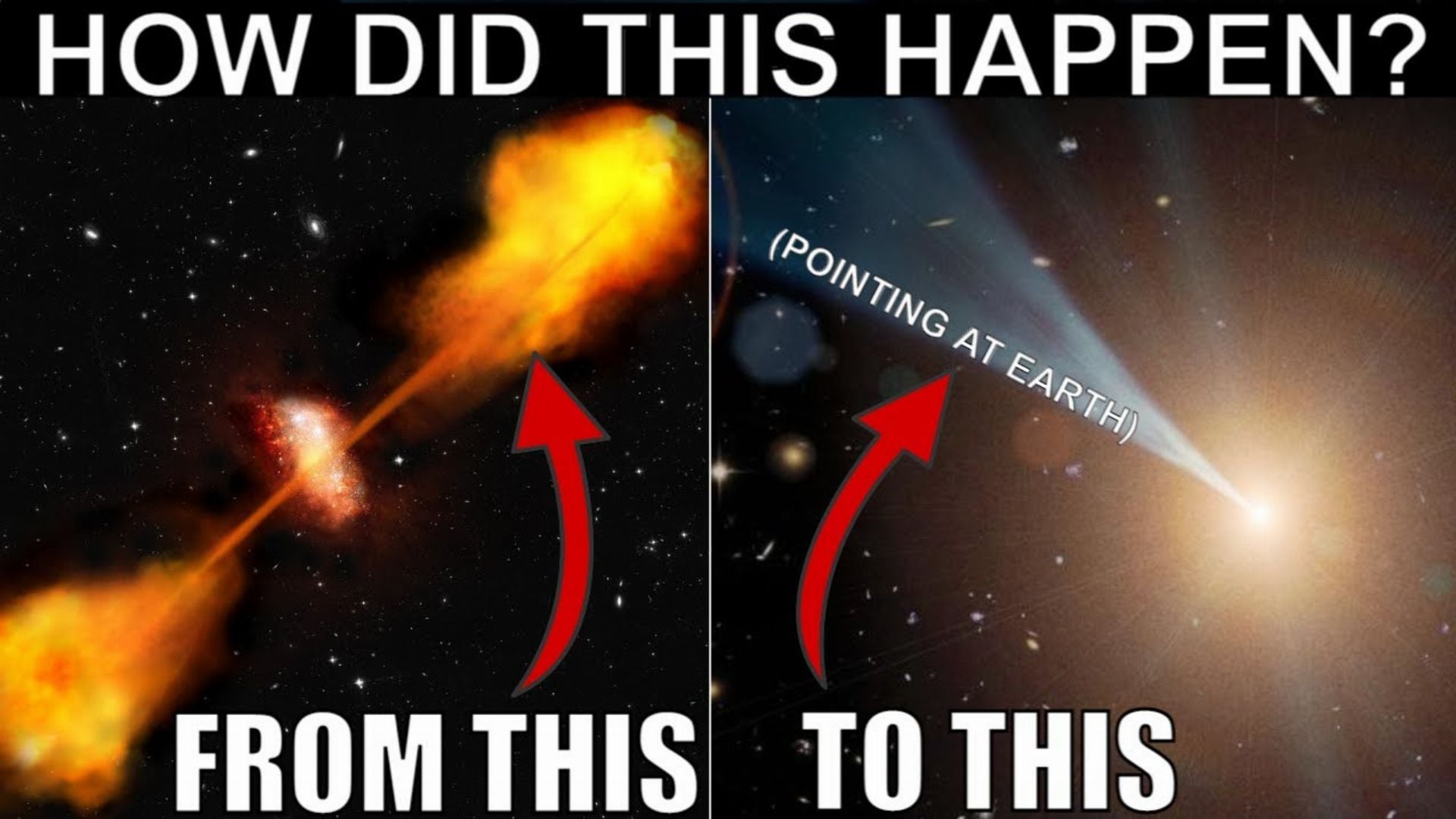 1. Somehow, Black Hole Jet Flipped 90 Degrees, Now Points at Earth. A comparative image featuring two cosmic phenomena. On the left, a bright celestial explosion with dynamic colors and motion indicated by a red arrow captioned "FROM THIS." On the right, a view of the solar system with a focus on Earth, highlighted by a red arrow and captioned "TO THIS," under the overarching question "HOW DID THIS HAPPEN?" Opens a video in a new window.