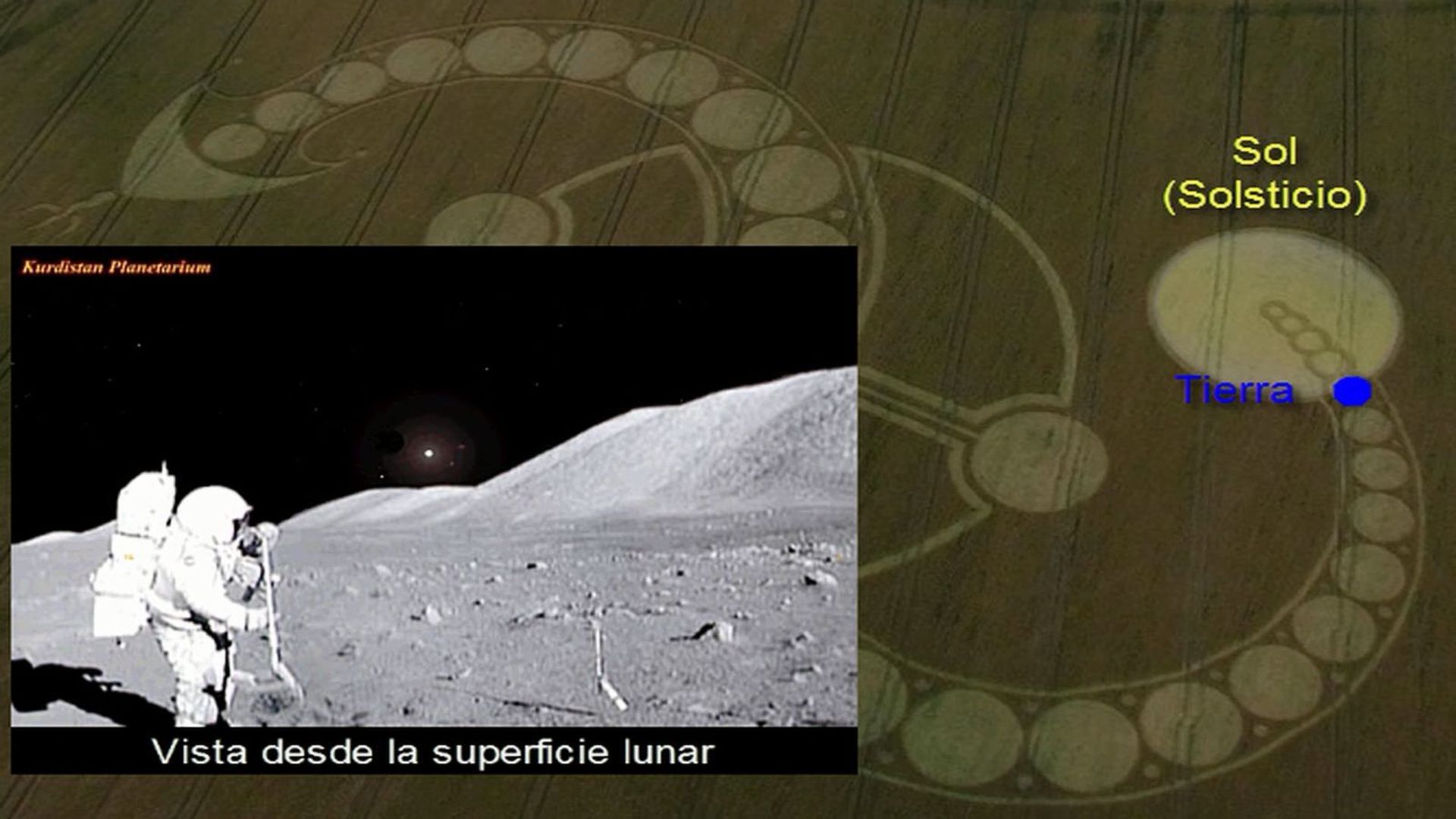 4. Luna de Sangre en Solsticio. An educational image presenting a montage with an astronaut on the moon's surface in a black and white photo on the left, and a scientific illustration on the right showing orbital paths around the Sun during a solstice. The names "Sol" and "Tierra" are labeled in Spanish, indicating the Sun and Earth respectively. Opens a video in a new window.