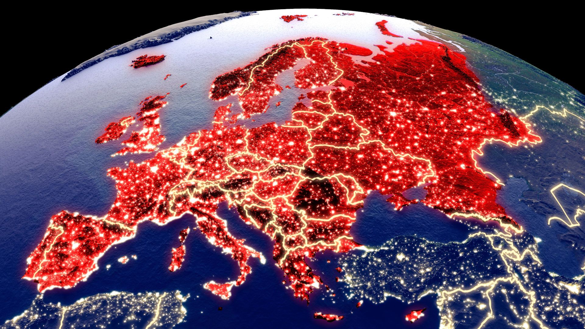7. Europa ensangrentada. A satellite perspective view of Earth highlighting the European continent, showing densely clustered red lights against a backdrop of nighttime darkness, symbolizing human activities or population density. Opens a video in a new window.