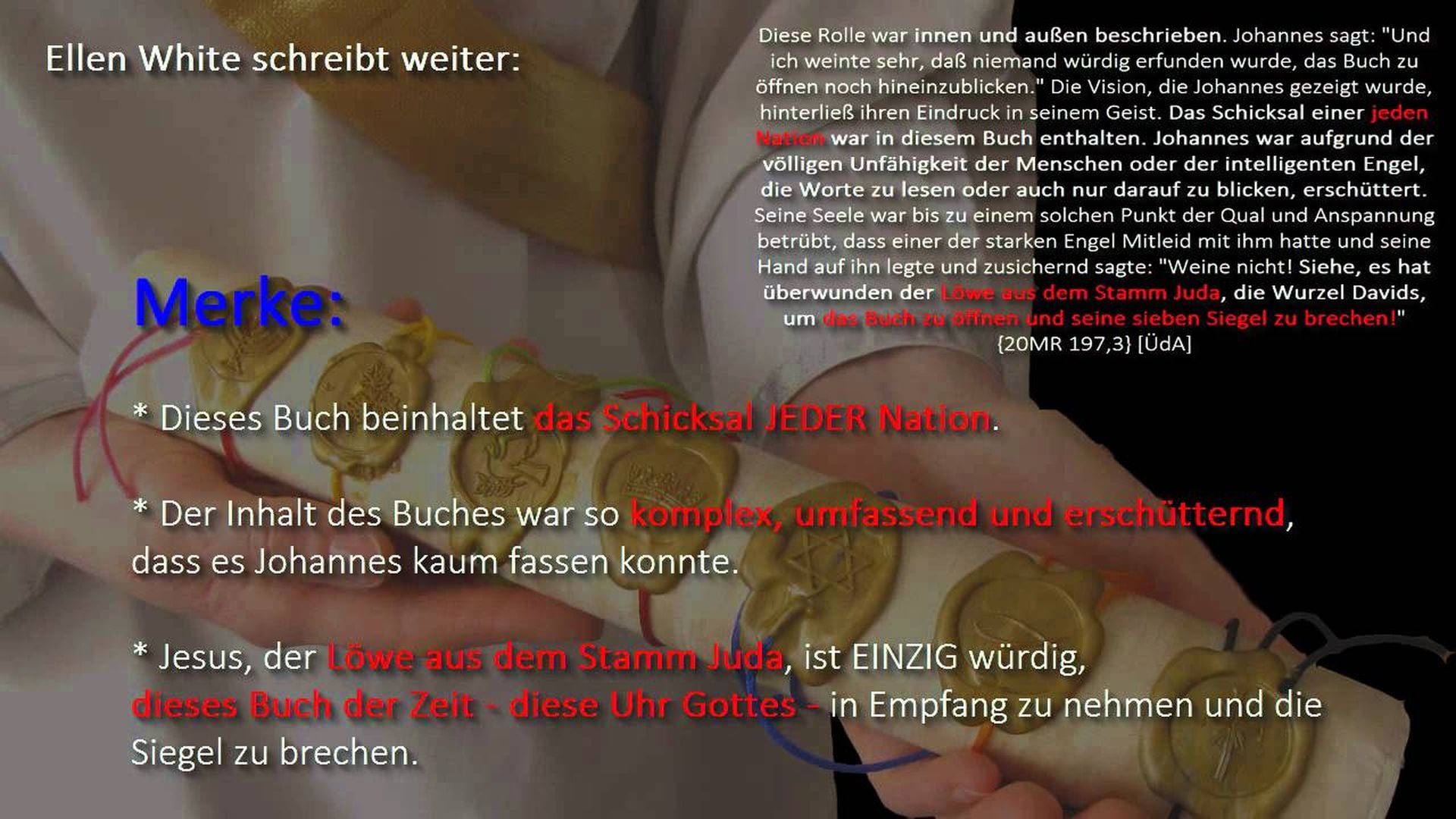 2. Das Buch der sieben Siegel. A conceptual graphic featuring celestial-themed artwork, with a golden pocket watch overlaid on a cosmic background of stars and nebulae. Text in German discusses the complexity and significance of a book, highlighting its universal fate and who is worthy to receive it. The image invokes themes of time, destiny, and the unfolding of events on a cosmic scale. Opens a video in a new window.