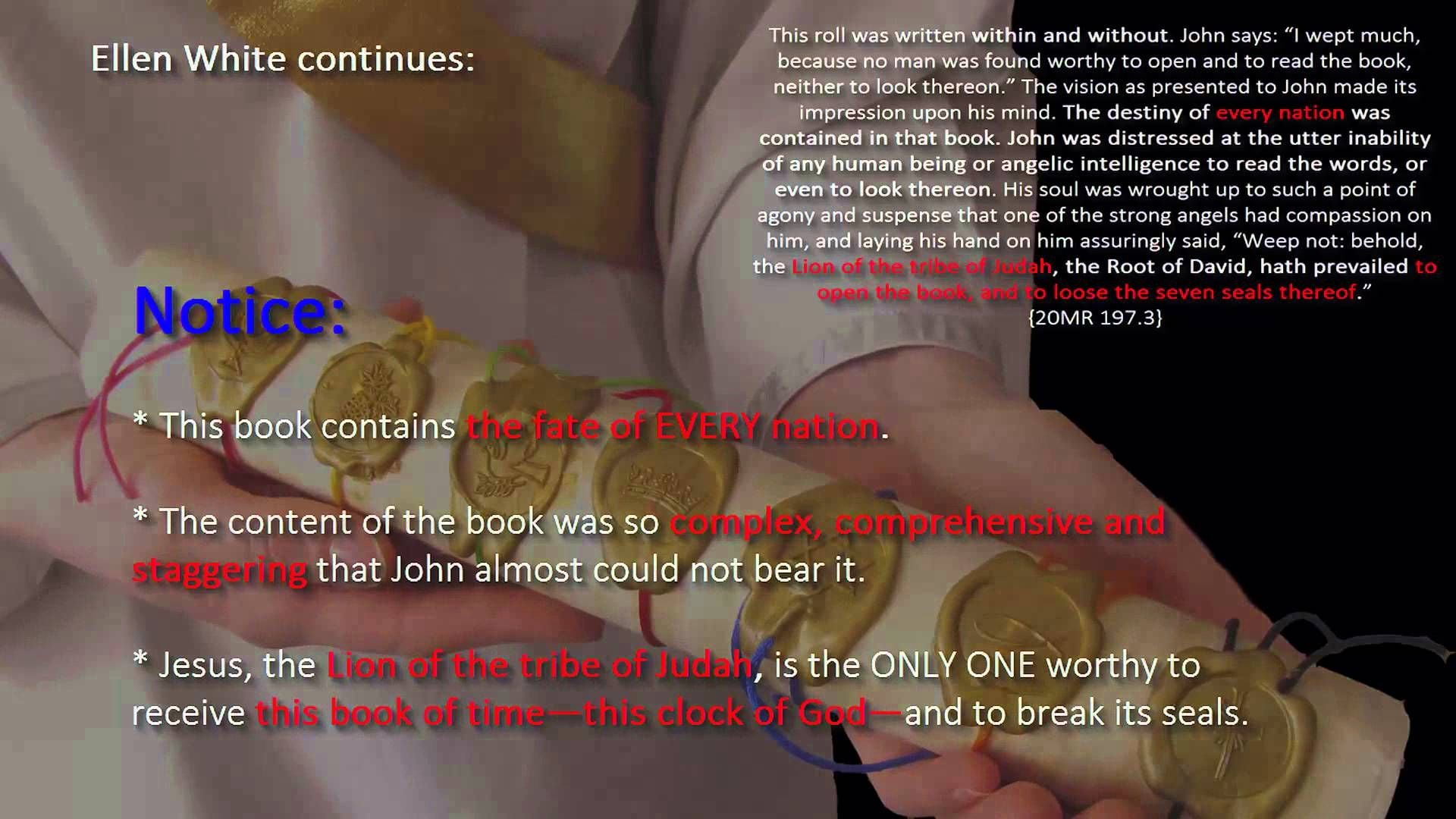 2. The Book of Seven Seals. A digital collage featuring an open ancient scroll overlaid with text discussing complex theological concepts related to biblical prophecy and the significance of specific figures within those texts. A background image of stars highlights a cosmological perspective. Opens a video in a new window.