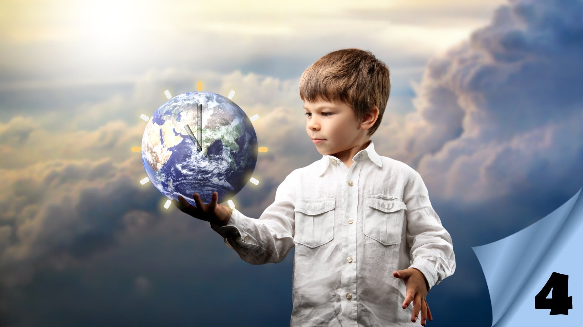 23. El niño que sabía la hora – Parte 4. A young boy with short brown hair is holding a glowing globe in his left hand while looking at it thoughtfully. The globe is detailed with continents and has glowing markers around it. The background features a cloudy sky with hints of sunlight filtering through. There is a blue corner with the number "4" in bold black text. Opens a video in a new window.