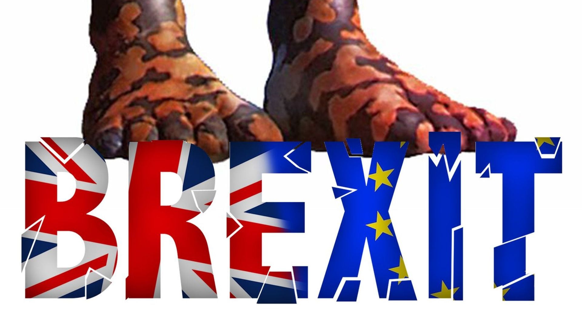 14. El Brexit en el 2019 señala el fin del Nuevo Orden Mundial. A graphic image depicting the word "BREXIT" in bold letters, styled with the British flag merging into a background of the European Union flag, overlaid with a pair of boots adorned in a military camouflage pattern stepping down on the word. Opens a video in a new window.