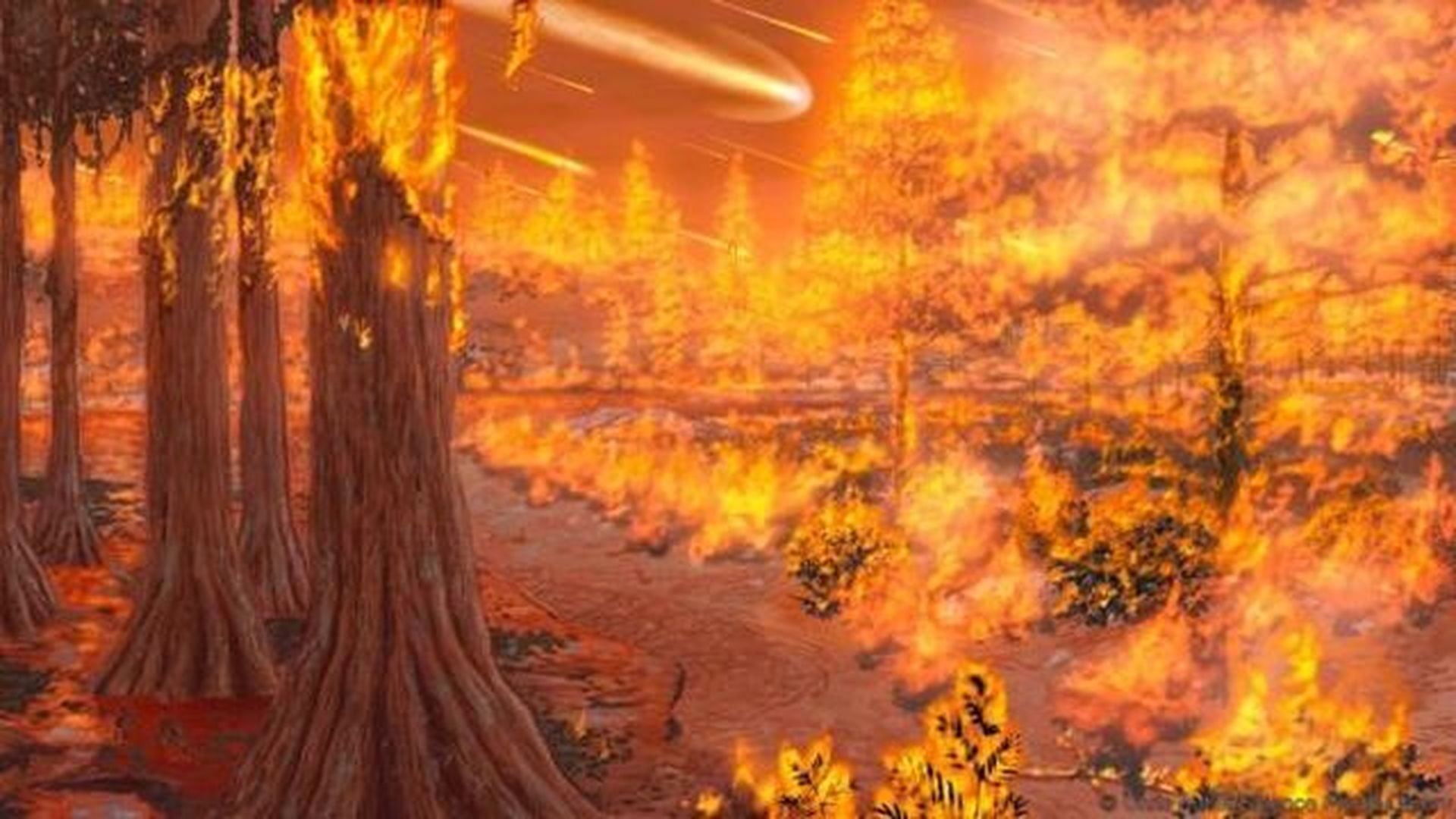 7. Un meteoro causó incendios en California- Actualización profética. A digital artistic depiction of a celestial event impacting a forest. Large trees, ablaze with fire, dominate the foreground, while across the landscape, trails of fire rain down from the sky. The scene conveys a fiery cataclysm amid a reddish-orange glow. Opens a video in a new window.