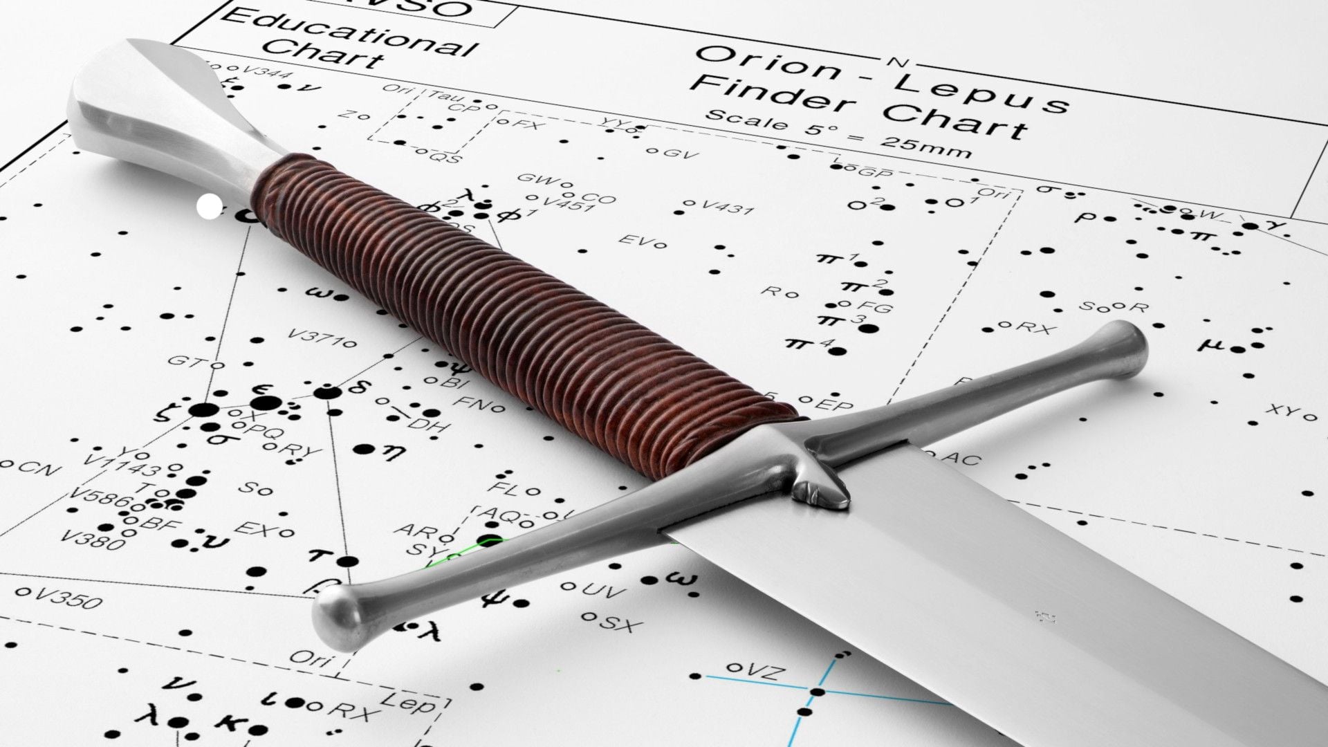 2. Der Herr der Heerscharen. A dagger with a wrapped leather handle rests on a celestial navigation chart featuring constellations such as Orion and Lepus, depicted with star connections and coordinate points. Opens a video in a new window.