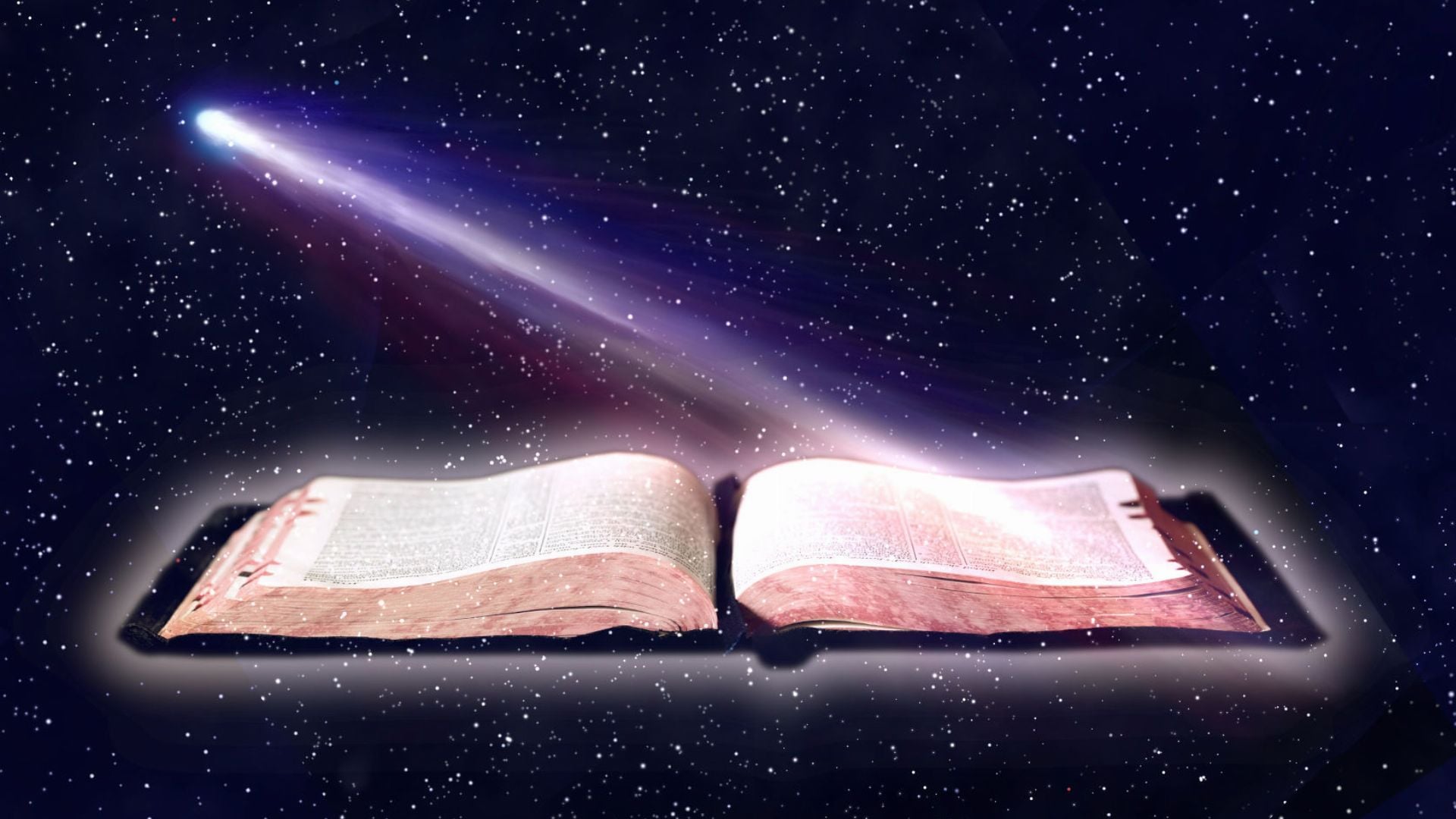 1. The Comet of Time. An open ancient book floats amidst a star-filled cosmos with a luminous celestial body casting a beam of light onto its pages. Opens a video in a new window.