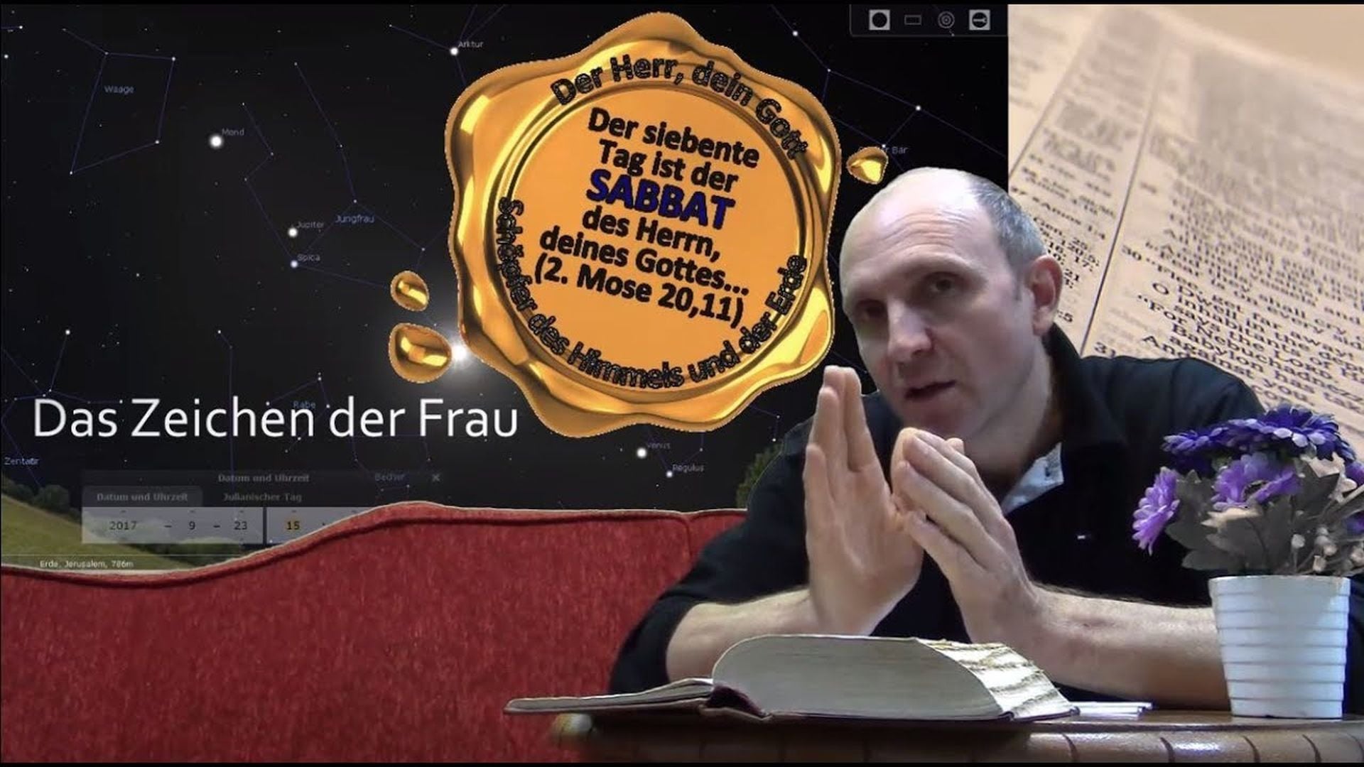 14. Das große Zeichen am Himmel bestätigt den Sabbat. A man sits at a desk with his hands pressed together in a gesture of explanation. In front of him is an open book with visible text and imagery involving celestial bodies. On the top is a graphic with ancient script and a backdrop of the celestial sphere relating to the Mazzaroth. The overall setting combines themes of theological discussion and scriptural references with a cosmic presentation overlay. Opens a video in a new window.