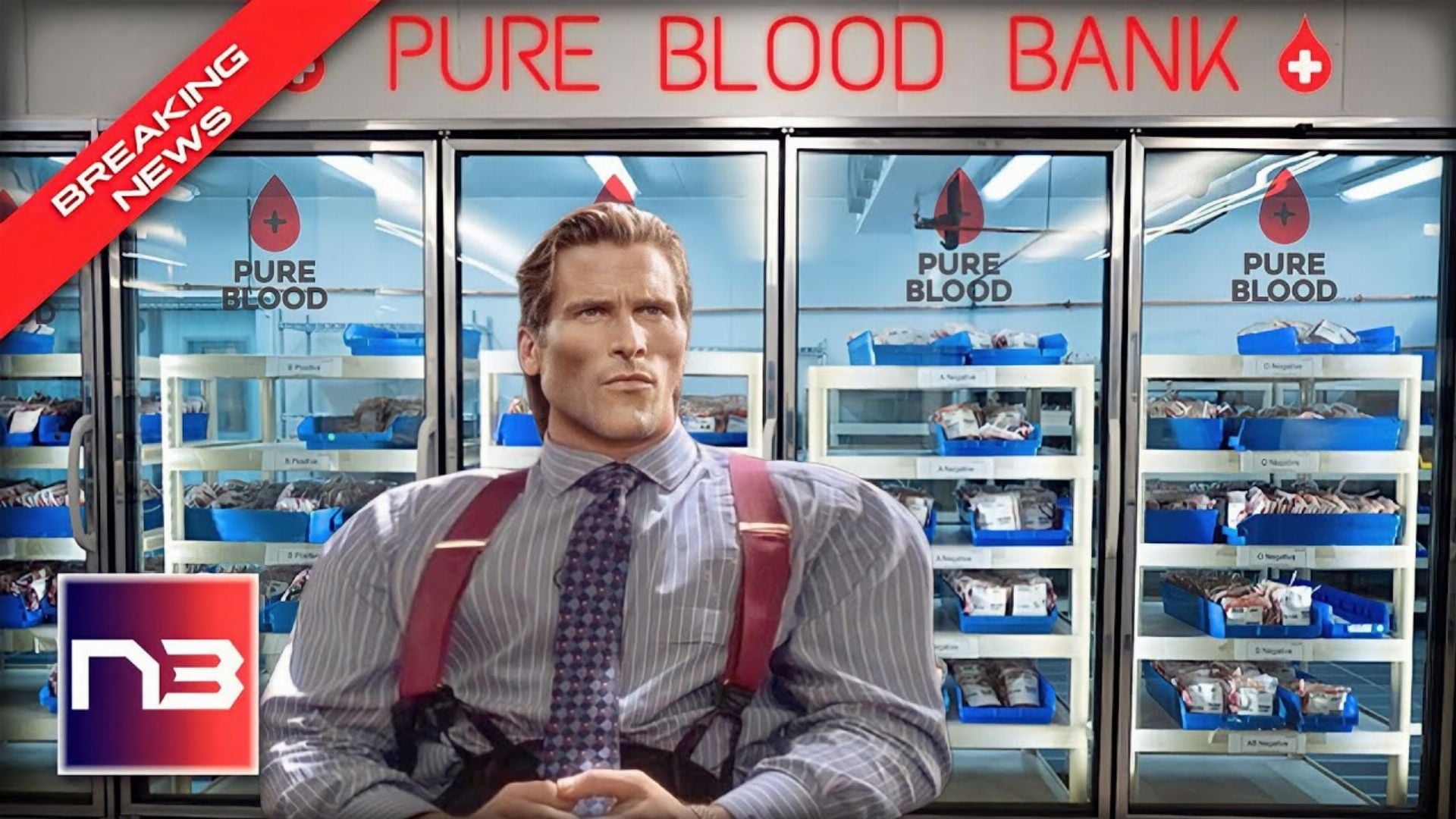 2. NOTICIA DE ÚLTIMA HORA: La demanda de “sangre pura” se dispara en todo el mundo. A man in business attire with a light blue shirt, red suspenders, and a patterned tie is seated in front of a windowed backdrop displaying several shelves filled with blood donation packages. Above on a sign, the text reads “PURE BLOOD BANK,” accompanied by a breaking news icon and the logo of N3. Opens a video in a new window.