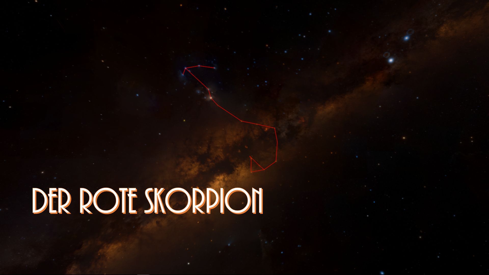 14. Der rote Skorpion. A celestial scene depicting a constellation from the Mazzaroth, highlighted with red lines to outline its shape, against a background of stars and nebulae. Below, the words "Der Rote Skorpion" are displayed, suggesting the name of the constellation in German. Opens a video in a new window.