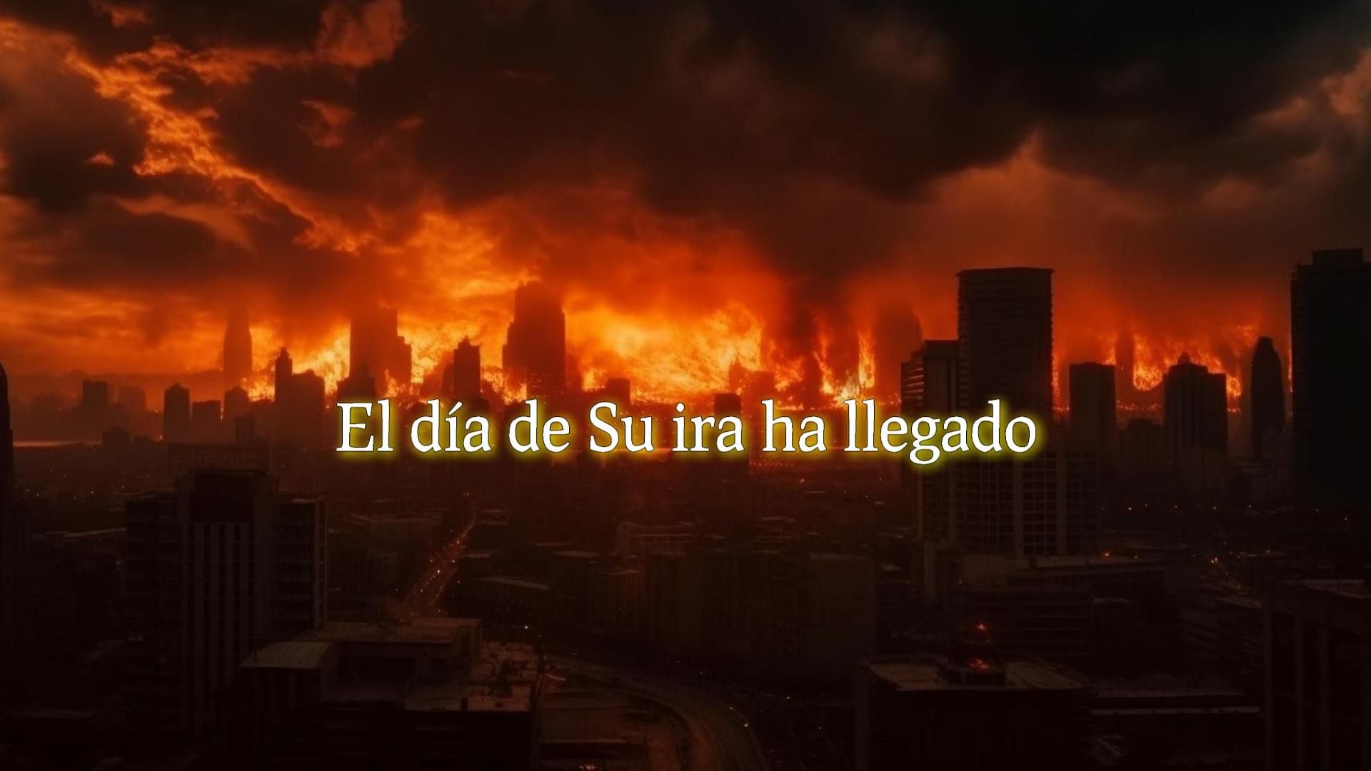 1. El día de Su ira ha llegado. A dramatic cityscape under a fiery, cloud-covered sky with bright, intense orange and red hues giving the impression of extreme heat or a celestial event. Overlay text reads "El día de Su ira ha llegado" in Spanish. Opens a video in a new window.