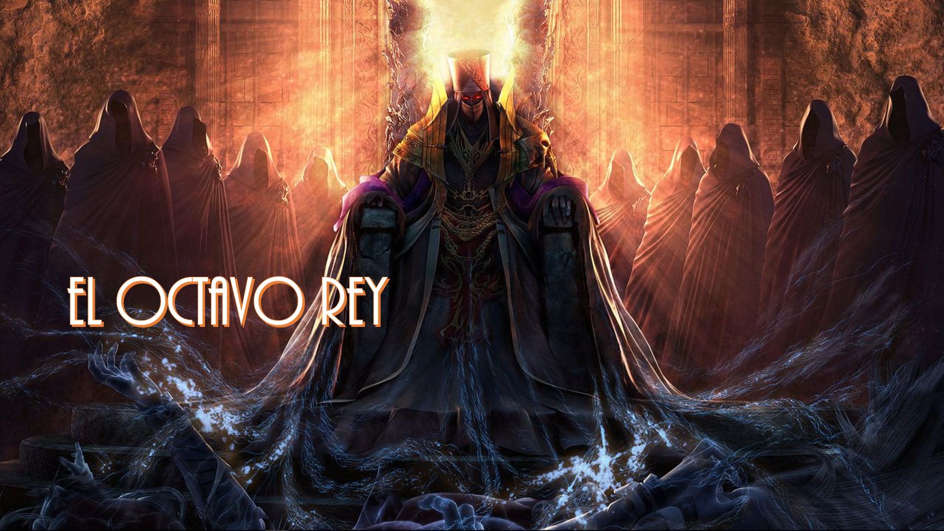 18. El octavo rey. A dramatic digital artwork depicting a majestic figure seated on a throne, surrounded by hooded figures in a mystical setting. The central figure is illuminated by a radiant light from above, highlighting intricate robes and a powerful demeanor. Ethereal water flows around the throne, and the scene is framed by towering, statuesque rock formations. Opens a video in a new window.