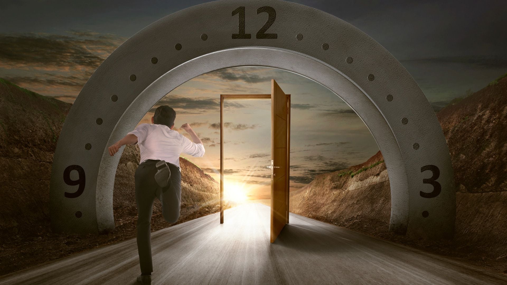 15. Die erste und letzte Zeitprophetie. A man is running towards an open door framed by a large circular structure marked with numbers from a clock, positioned on a rural road leading to a horizon where the sun sets dramatically. Opens a video in a new window.