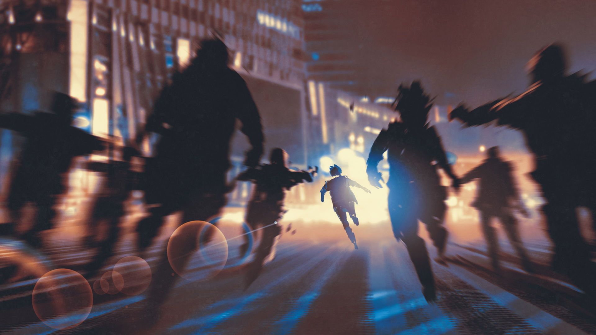 11. Die dreimonatige Christenverfolgung. Silhouettes of several individuals running urgently through an urban street illuminated by intense, almost celestial light, creating elongated shadows and a dynamic, fast-paced scene. Opens a video in a new window.