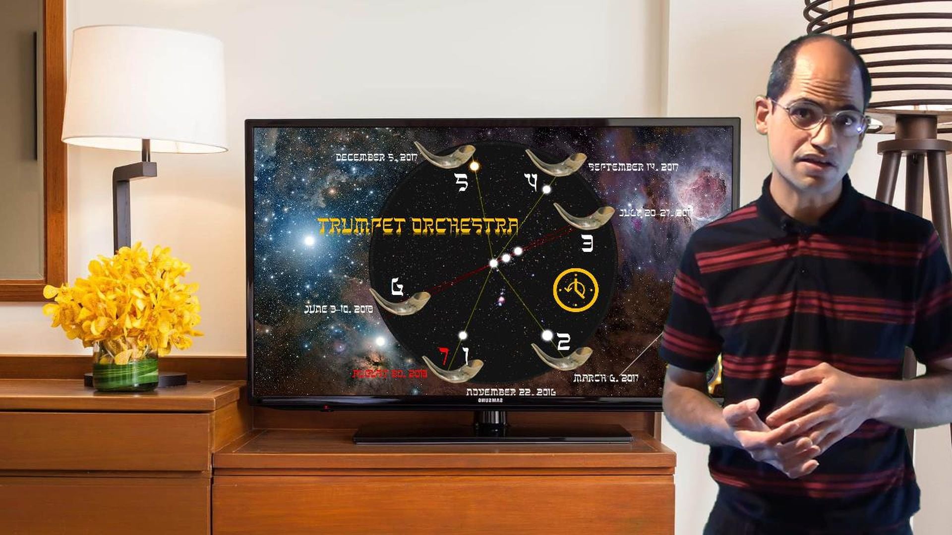 5. Get Ready for the Woes!. A man in a striped shirt stands next to a wooden television stand in a living room. On the TV screen is a depiction of celestial constellations associated with the Mazzaroth, displayed in a circular arrangement, intertwined with specific temporal markers and symbols. Opens a video in a new window.