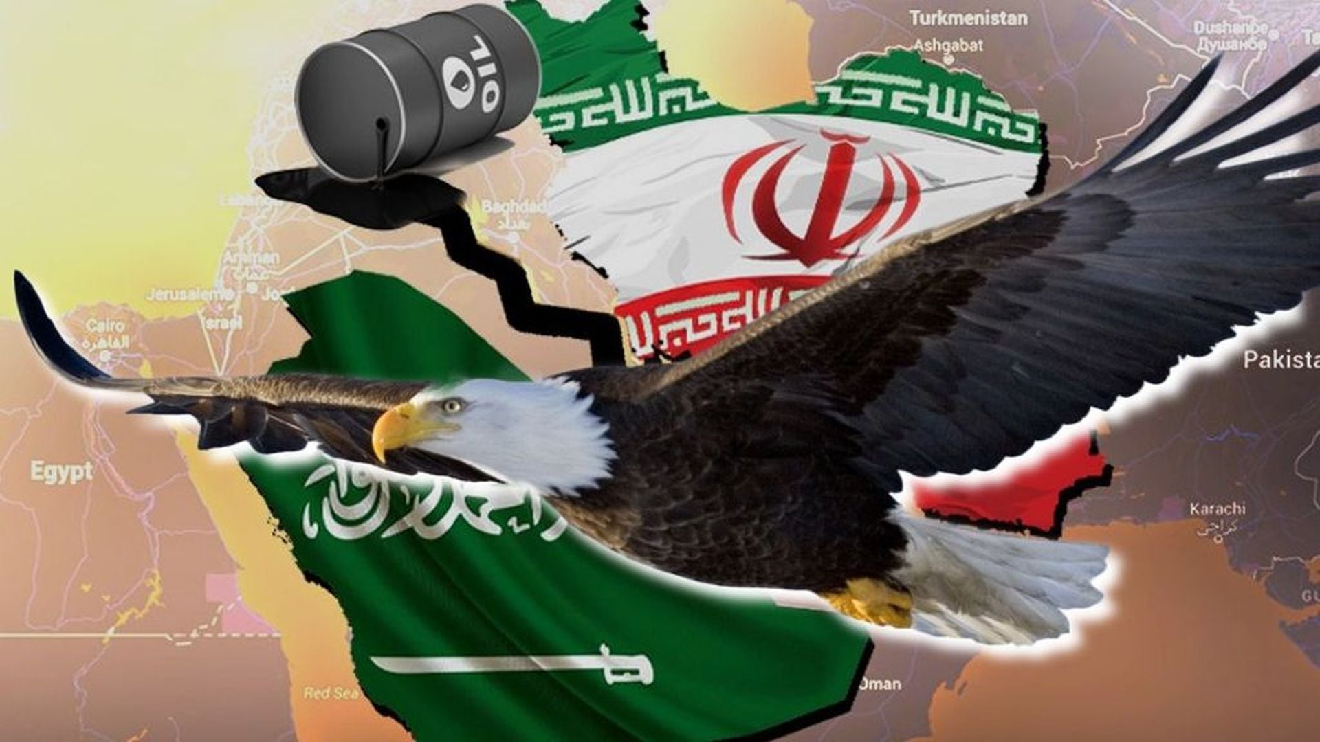 13. La declaración de guerra de Irán. A graphic depiction showcasing an eagle carrying three national flags in its talons and beak over a map of the Middle East. The flags are of Saudi Arabia, Iran, and Iraq. The eagle also grasps a metallic oil barrel, symbolizing economic interests in the region. Opens a video in a new window.