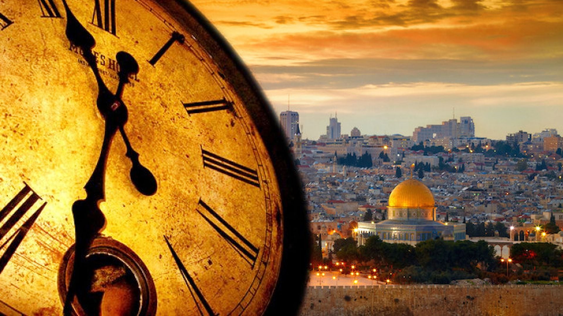 5. Israel: The Timepiece of God. A large vintage clock showing approximately six o'clock blends into a cityscape at sunset, featuring prominent historical and modern buildings under a golden sky. Opens a video in a new window.