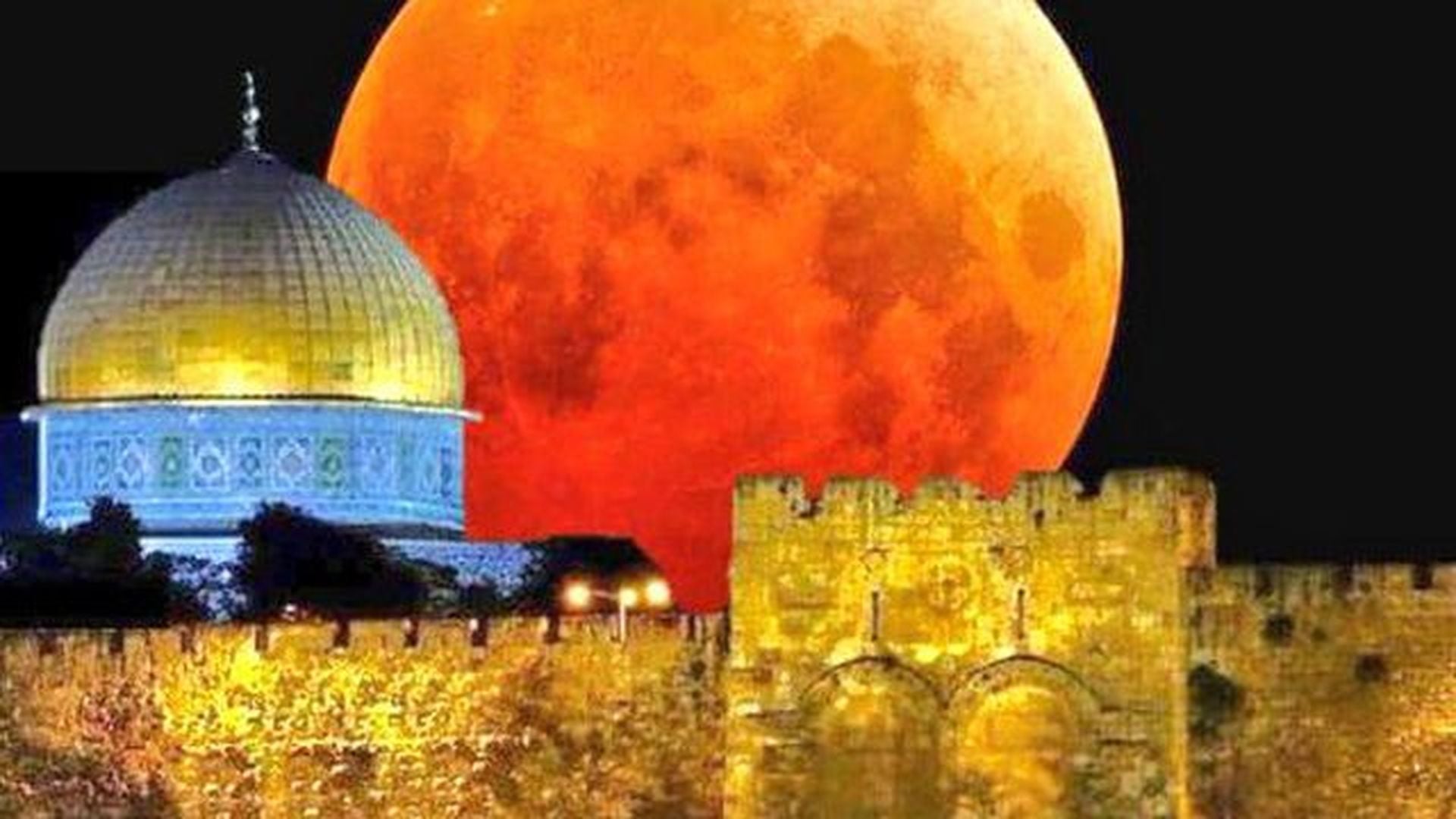 2. Israel Blows the 5th Trumpet. A large, reddish moon looms spectacularly behind the Dome of the Rock in Jerusalem, with ancient stone walls in the foreground under a night sky. Opens a video in a new window.