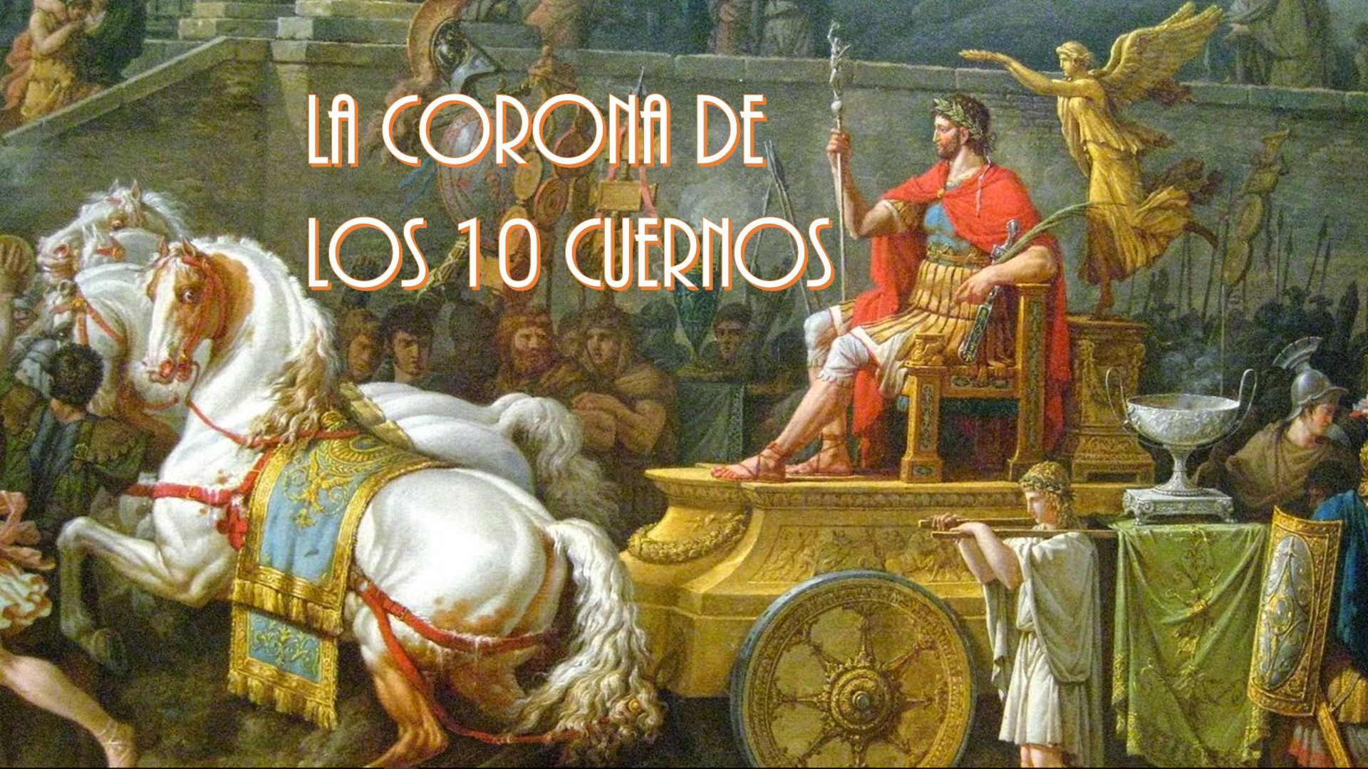 15. La corona de los 10 cuernos. A classical painting depicting a regal figure in a red robe sitting on a golden chariot, guided by white horses adorned with sumptuous blue and gold regalia. The chariot is surrounded by a crowd of onlookers and a winged victory figure presents a crown over the figure's head. The artwork vividly captures a moment of historical or mythological significance. Opens a video in a new window.