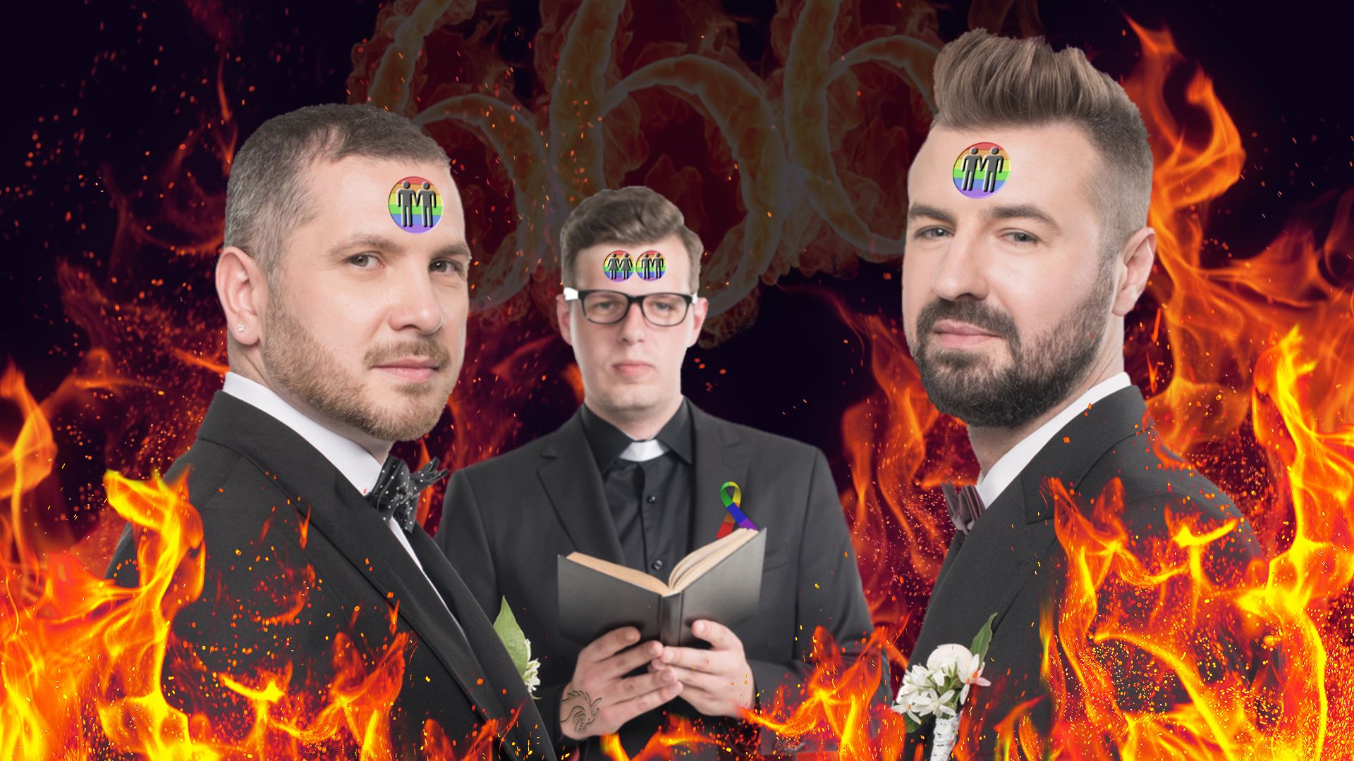 17. The Mark and Image of the Beast. Three men dressed in formal attire stand before a vivid backdrop of flames. The man on the left wears a grey suit and has a sticker labeled "MYM" on his forehead. The center man, dressed as a clergyman, holds an open book and also has a "MYM" sticker on his forehead. The man on the right, wearing a dark suit, similarly sports a "MYM" sticker. Each appears serious against the fiery scene surrounding them. Opens a video in a new window.