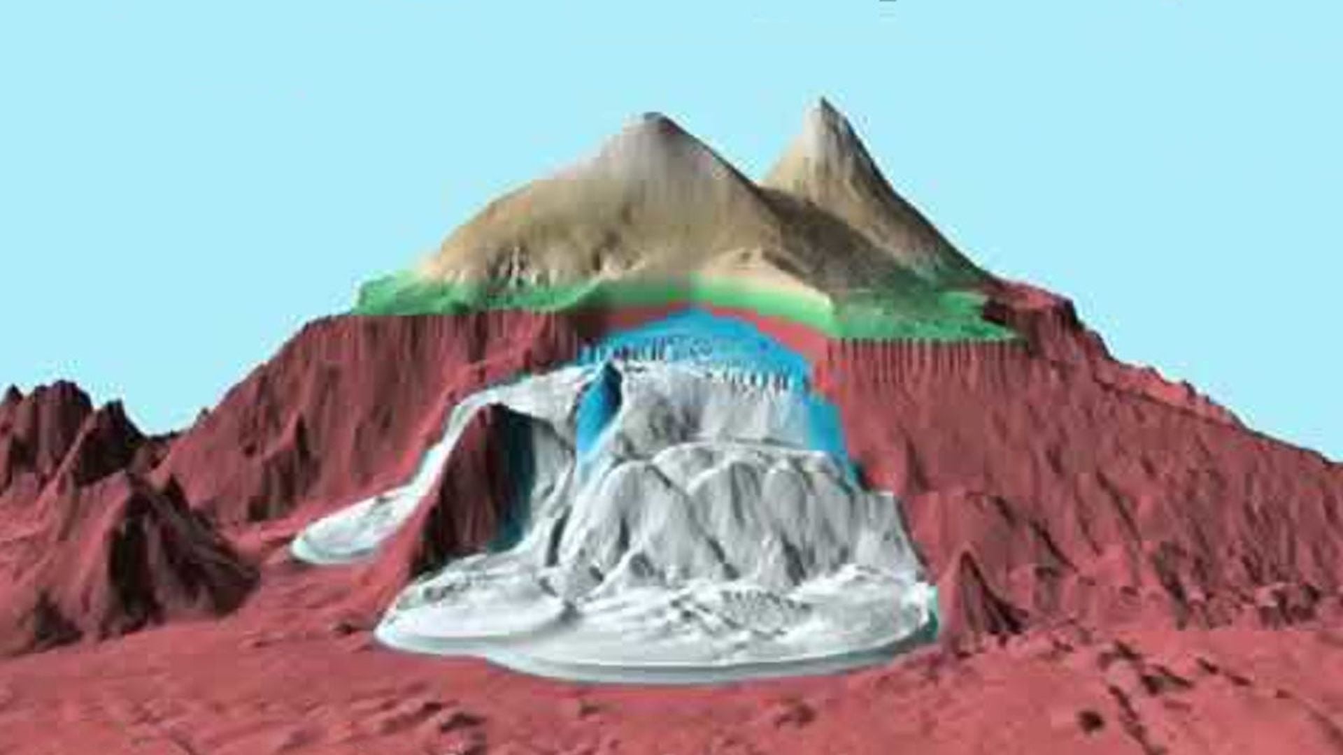 20. Auswirkungen eines Flanken-Kollaps des Kilauea. Digital artwork portraying a mountain with diverse geological features; includes a reddish mountainous terrain with central ice-like structures resembling a glacier, surrounded by arid cliffs. Above the top, a light arch reminiscent of an atmospheric optical phenomenon adds a colorful accent. Opens a video in a new window.