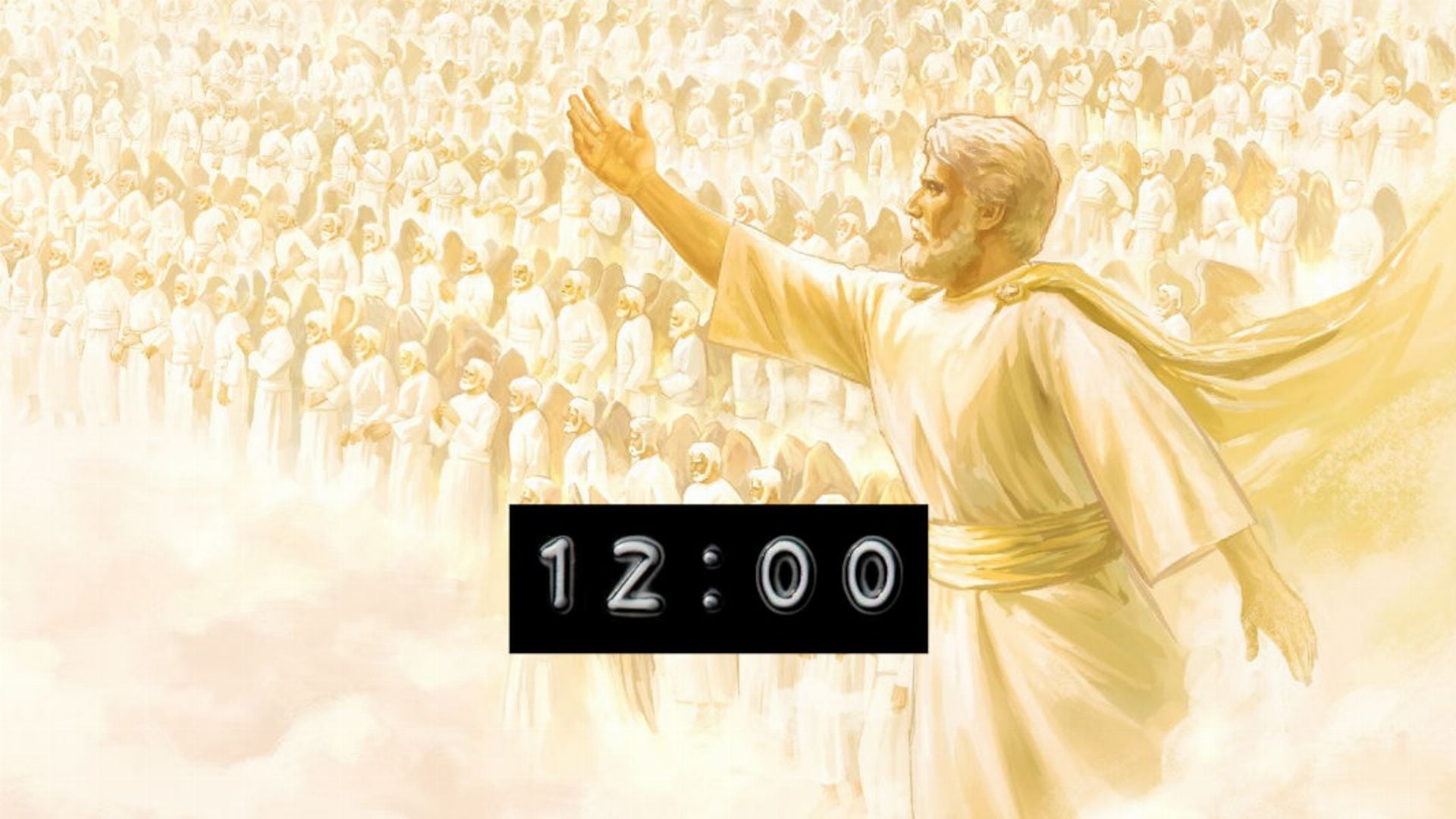 3. JESUS Sent An Angel to tell Me this URGENT Message of the Rapture | 2021. A grand illustration showing a wise elder with flowing white hair and beard, dressed in radiant robes, extending his arm toward a celestial gathering of numerous figures in white, under a luminous, soft yellow sky. In the foreground, a digital clock displays the time as 12:00. Opens a video in a new window.