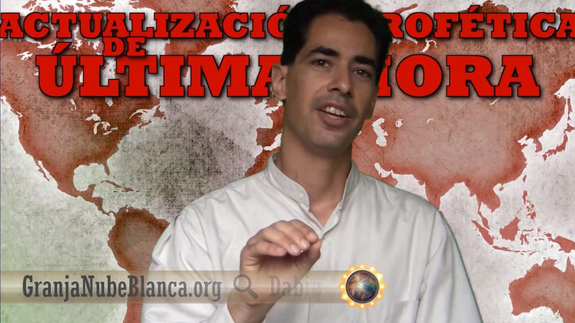 4. ÚLTIMA HORA: La ONU obtiene las llaves de Raqqa, cumplimiento de la profecía. A man in a white shirt gestures while speaking, standing in front of a projected world map showing various shades of red. Text overlays include "Actualización Profética de Última Hora" and the URL "GranjaNubeBlanca.org." A circular graphic resembling a celestial body is visible near the text. Opens a video in a new window.