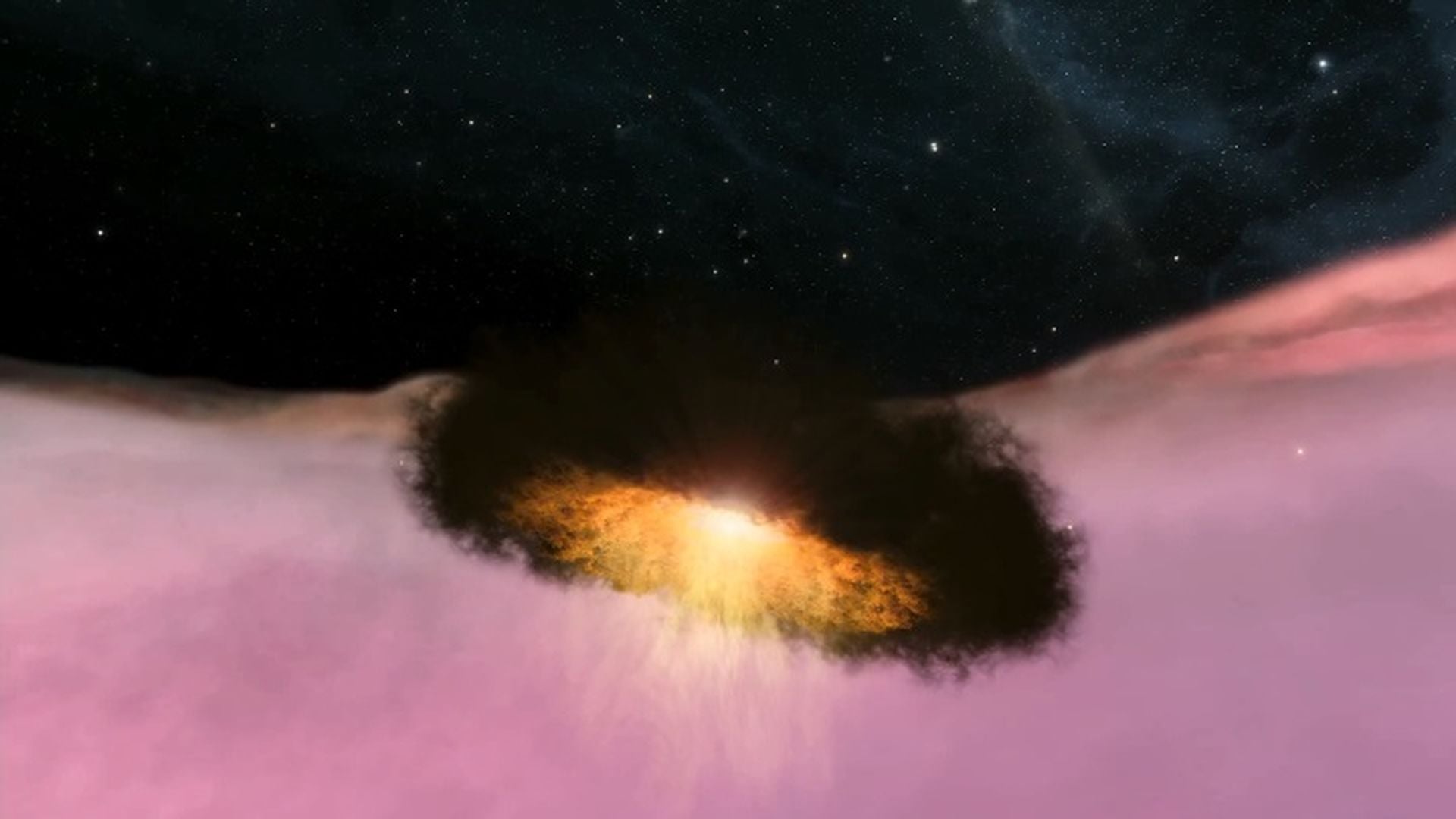 6. Reise zum Orion-Nebel. A celestial phenomenon depicted as a vibrant, luminous object centered amidst a vast expanse of dark space, surrounded by soft pink and purple nebulous clouds, signifying Creation's wonder in the vastness of the cosmos. Opens a video in a new window.