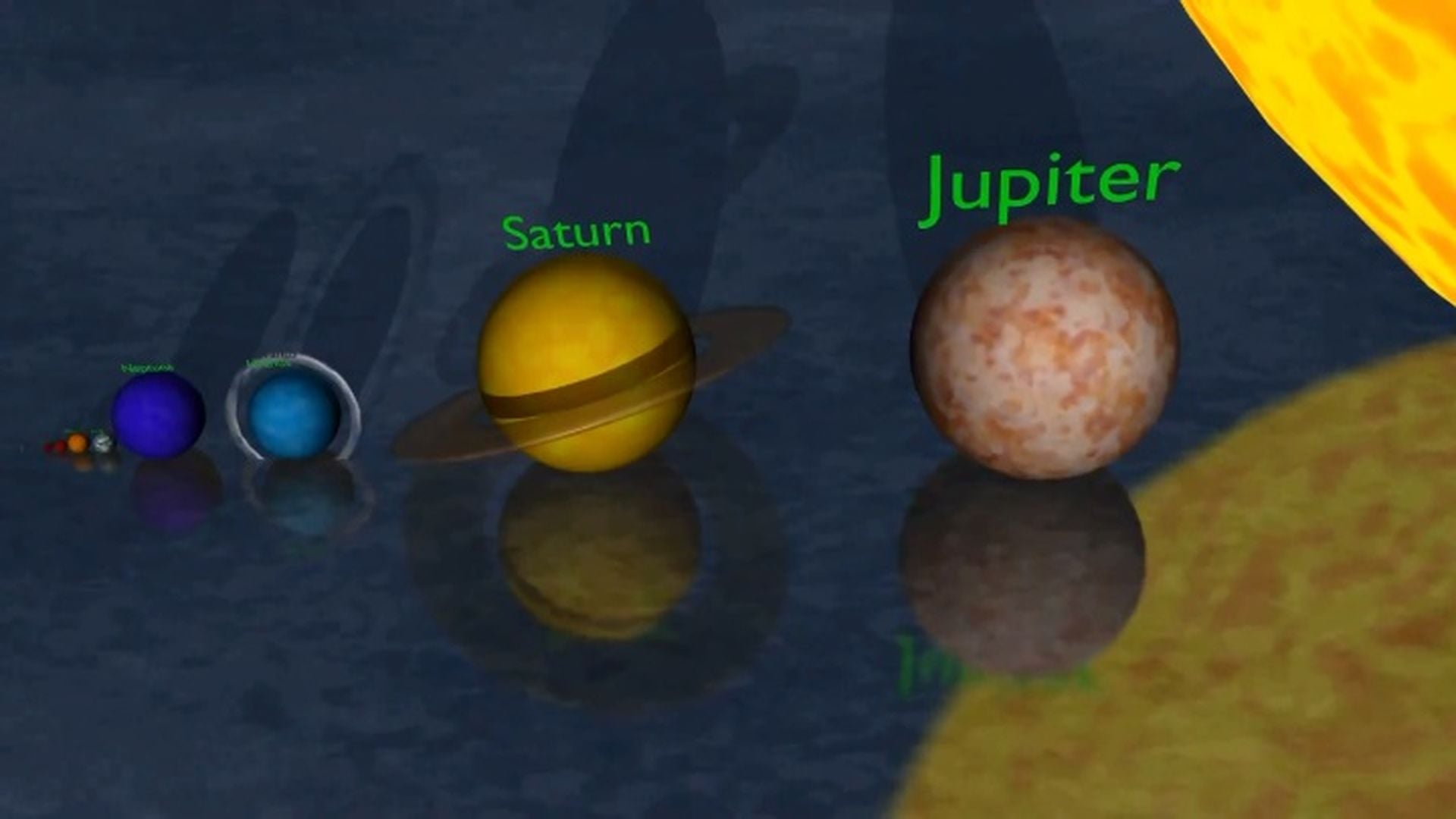3. El universo en 3D: Comparación de los tamaños de planetas y estrellas. A graphical representation of four celestial bodies aligned in space showing Earth, a ringed planet, Saturn, and the gas giant, Jupiter, in close proximity to a bright representation of the Sun. Opens a video in a new window.