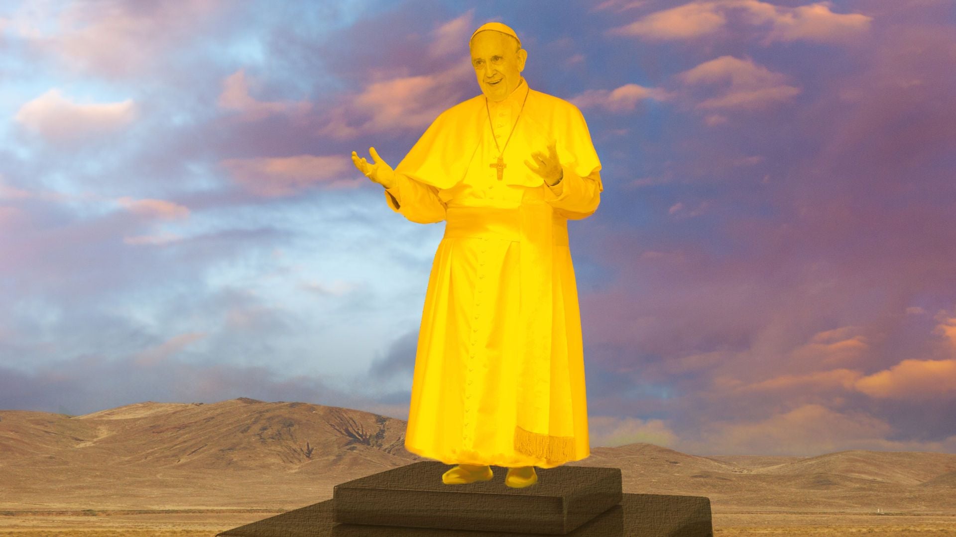4. ¿Quién está sentado en la bestia?. A statue of a religious figure, arrayed in a golden robe, stands on a pedestal with a serene expression, gesturing subtly with both hands. The background features a dynamic sky with hues of blue and pink above a barren desert landscape. Opens a video in a new window.