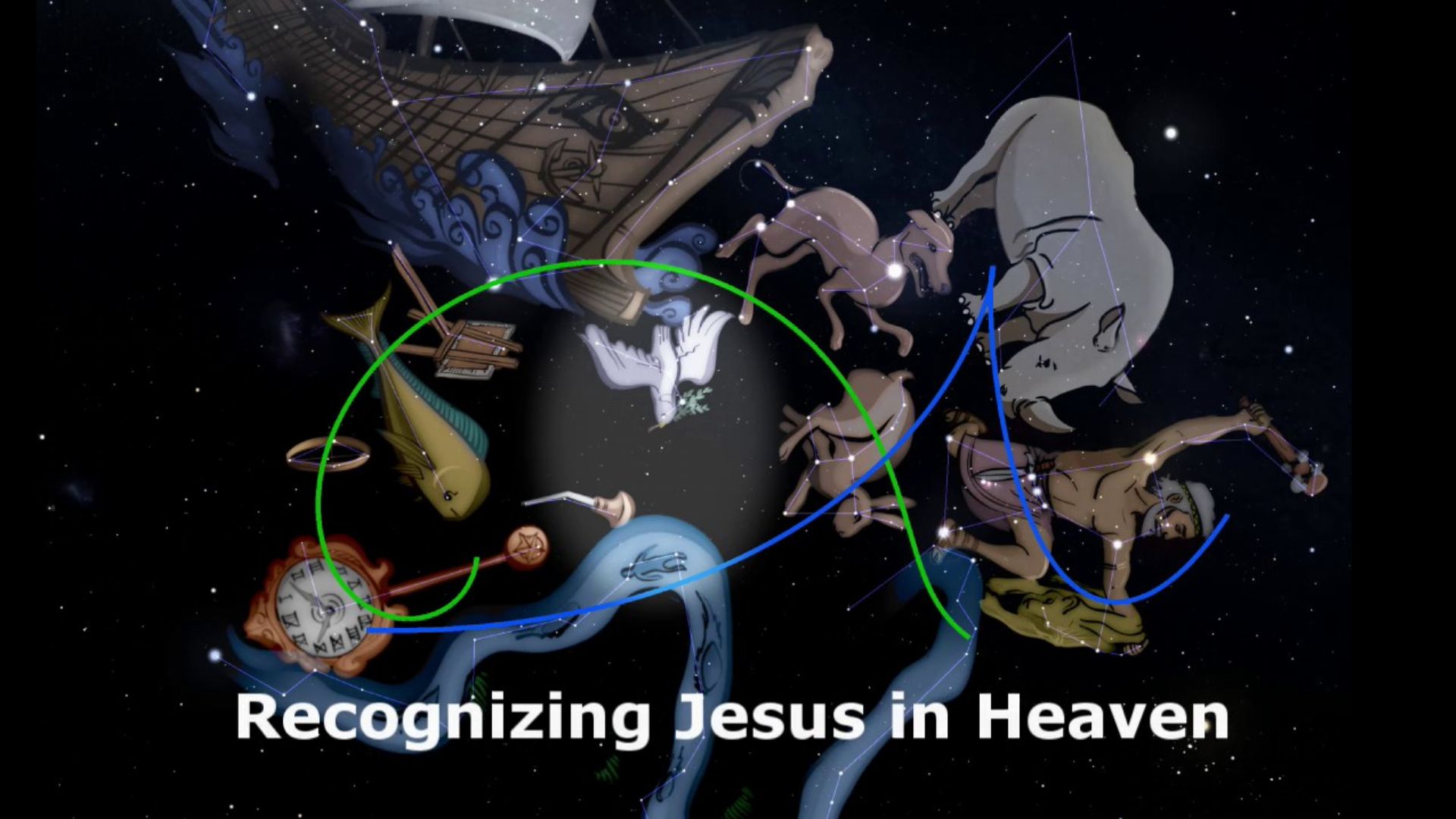 8. Recognizing Jesus in Heaven. An artistic depiction of various constellations from the Mazzaroth framed within two overlapping circles against a starry sky, with the caption "Recognizing Jesus in Heaven" at the bottom. Opens a video in a new window.