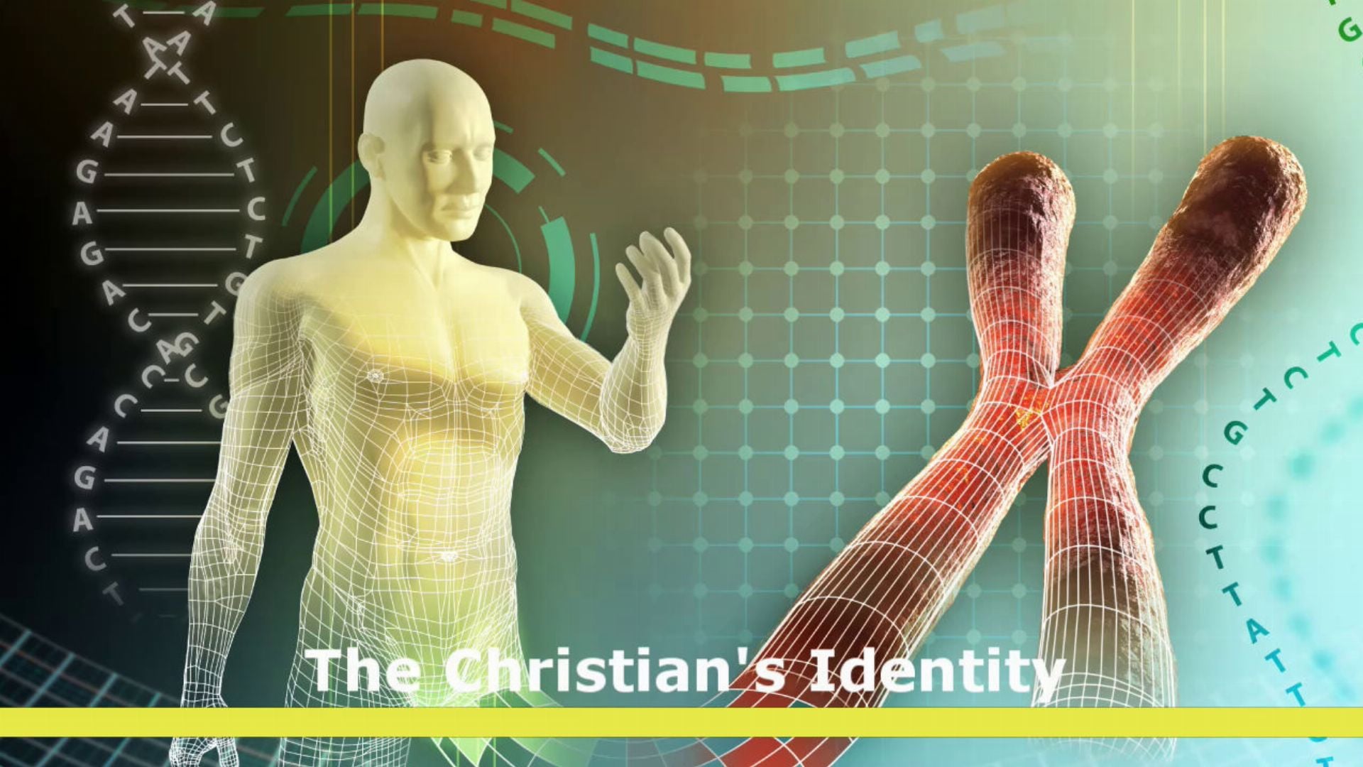 7. The Christian’s Identity. Digital illustration showing a translucent 3D model of a human figure with a visual overlay of DNA structures, all against a background that includes a circular astronomical chart resembling historical interpretations of the Mazzaroth. Text on the image reads "The Christian's Identity." Opens a video in a new window.