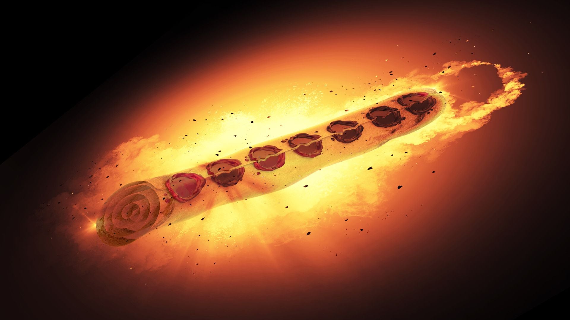 2. Los sellos apocalípticos. A vibrant celestial illustration depicting a series of twelve symbolic icons encased in glowing circles, arranged in a fiery comet-like trail against a dark cosmic background. Opens a video in a new window.