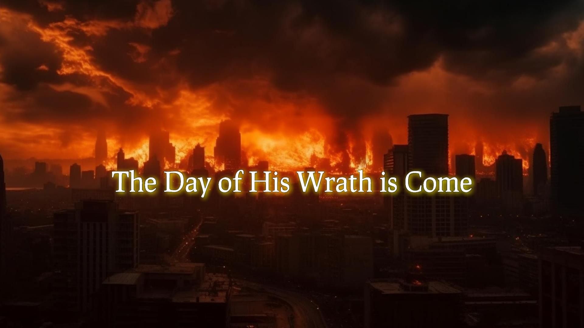 1. The Day of His Wrath is Come. A city skyline under a fiery sky with dark clouds, evoking a scene of apocalyptic judgment. Text overlay reads "The Day of His Wrath is Come." Opens a video in a new window.