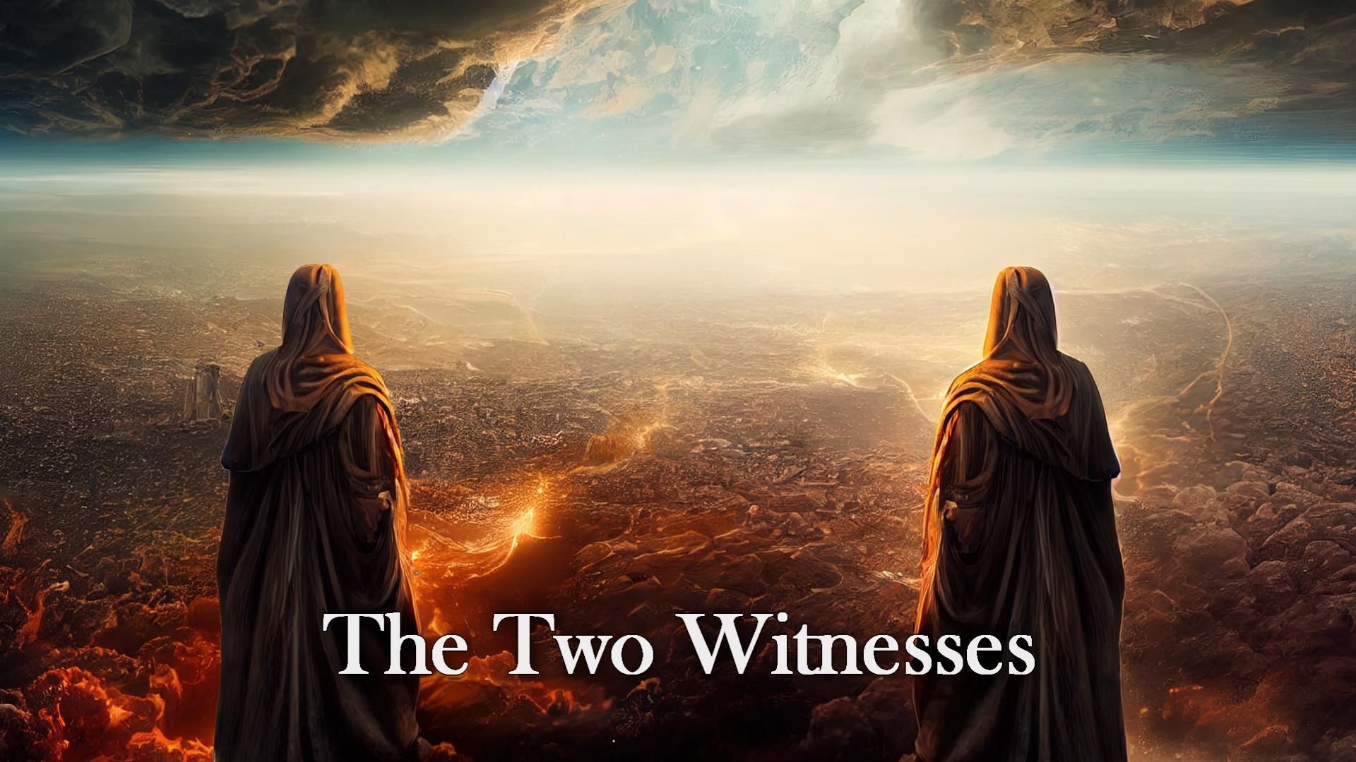 4. The Two Witnesses. Two robed figures stand overlooking a vast, fiery cityscape under a dramatic sky with clouds. Light beams down between the clouds, illuminating the city below. The scene suggests a significant celestial or apocalyptic event. Opens a video in a new window.