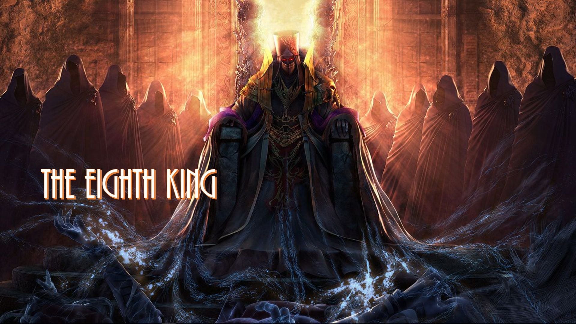 18. The Eighth King. A dramatic digital artwork of a regal figure seated on a throne, surrounded by a celestial glow and enigmatic figures shrouded in dark robes. The scene conveys a mythic narrative, reminiscent of ancient biblical visions or heavenly events, with the phrase "The Eighth King" prominently displayed. Opens a video in a new window.