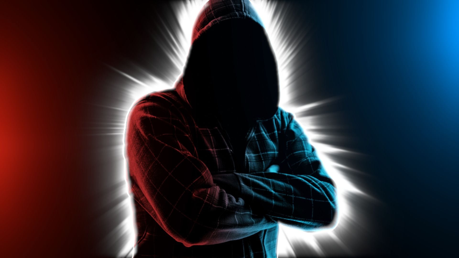 14. Der Dieb, der die Wahl stahl. Silhouette of a person in a hooded shirt, arms crossed, enveloped in a dramatic interplay of red and blue light radiating outward reminiscent of celestial phenomena. Opens a video in a new window.