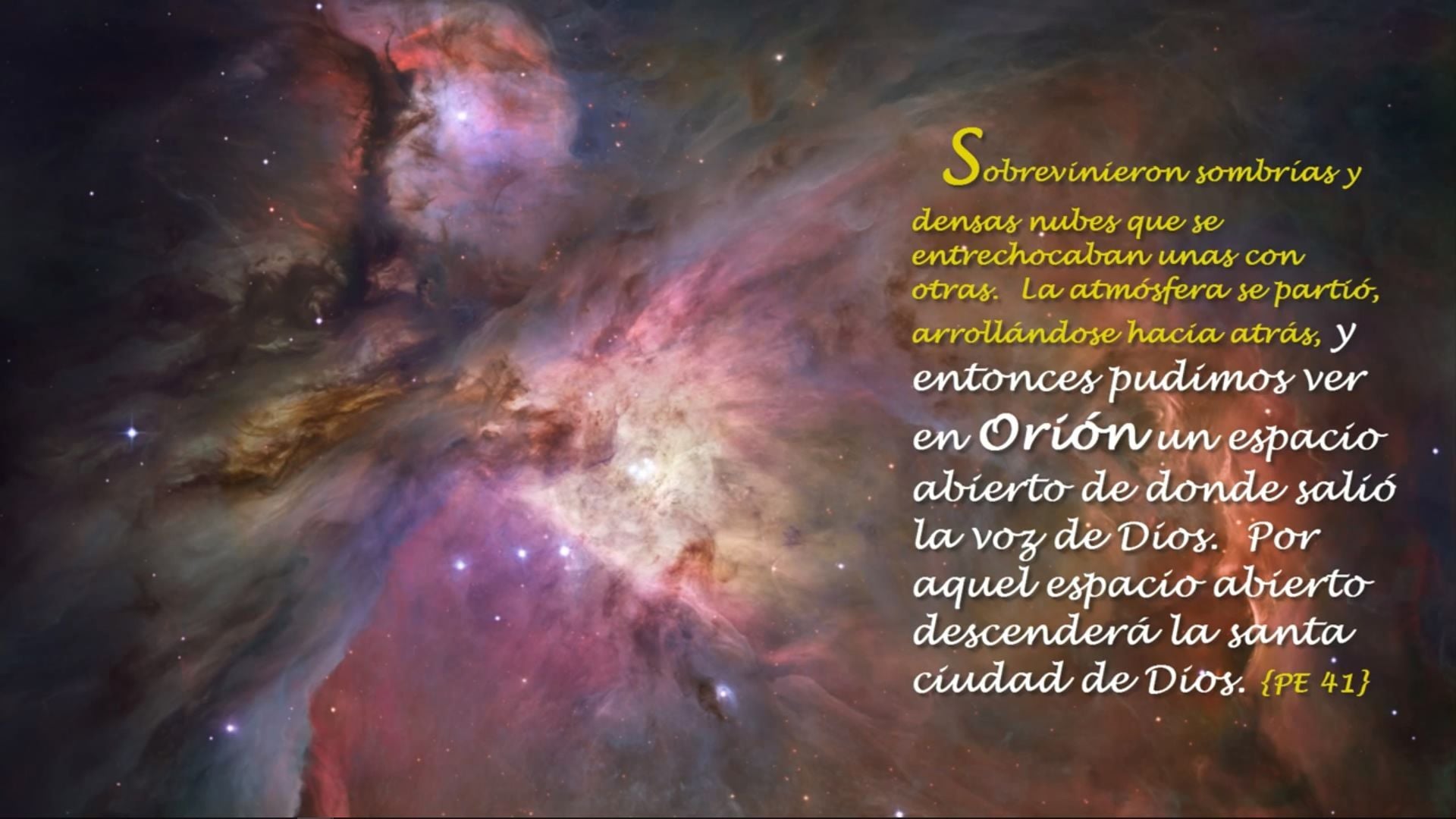 1. ÚltimoConteo Introducción. A vivid image of a nebula, featuring swirling clouds of interstellar gases and dust in rich shades of red, orange, and yellow, representing a cosmic entity in the Mazzaroth. The scene is overlaid with Spanish text referencing a celestial voice emerging from the open space in the heavens. Opens a video in a new window.